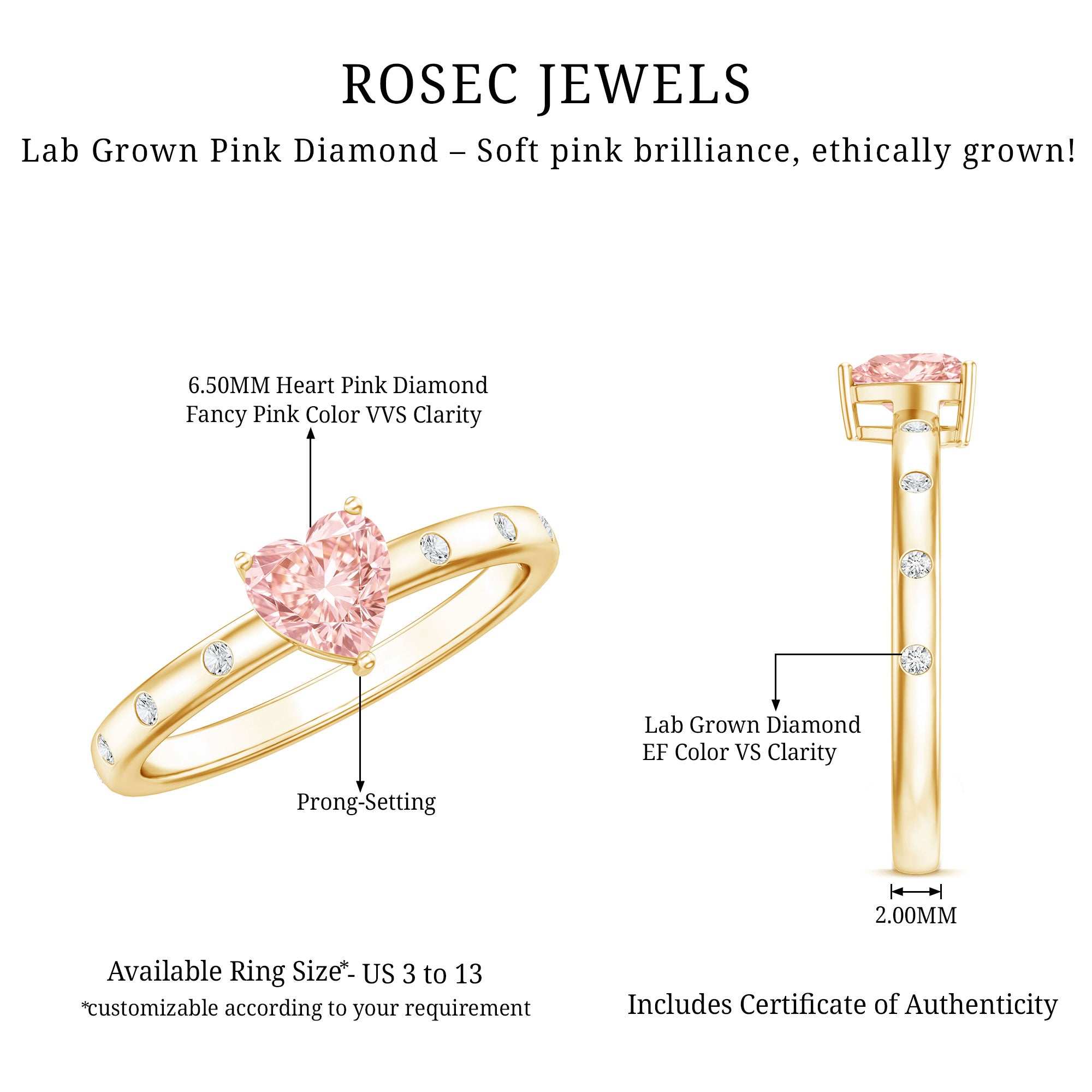 IGI Certified Solitaire Lab Grown Pink Diamond Engagement Ring for Women E-VS1 - Rosec Jewels