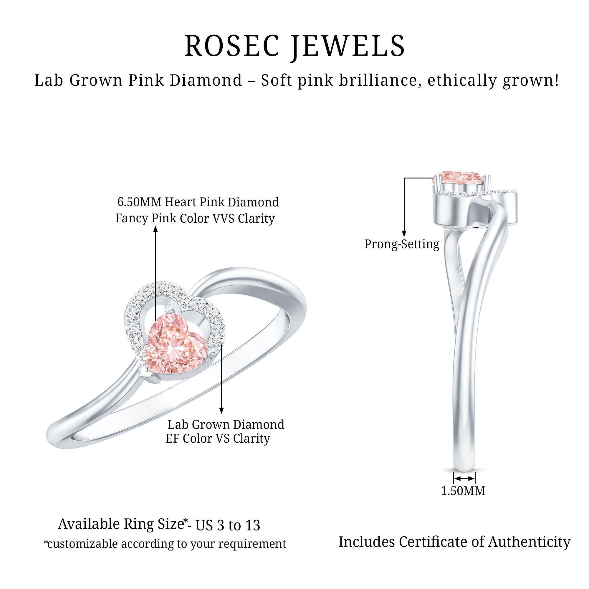 IGI Certified Lab Grown Pink Diamond Heart Promise Ring with Twisted Band E-VS1 - Rosec Jewels