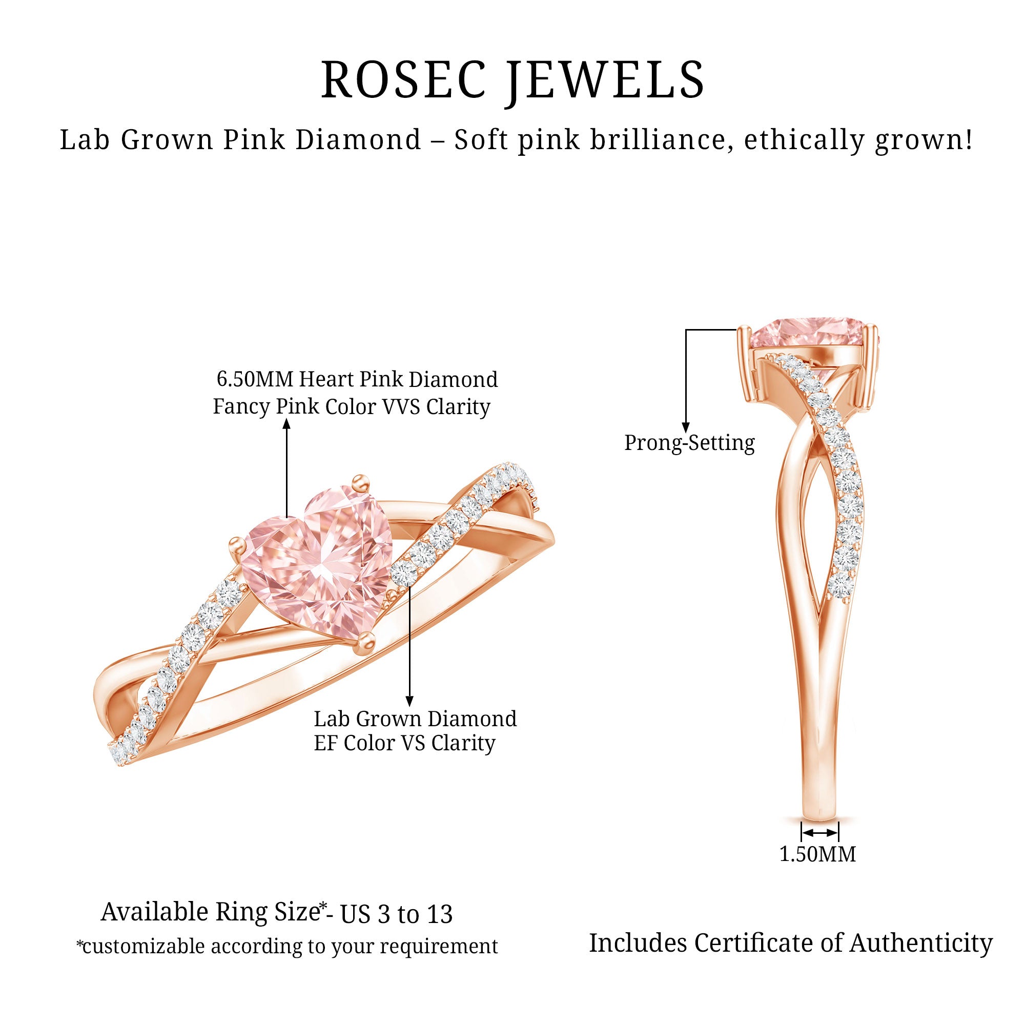 IGI Certified 1 CT Heart Shaped Lab Grown Pink Diamond Infinity Engagement Ring E-VS1 - Rosec Jewels