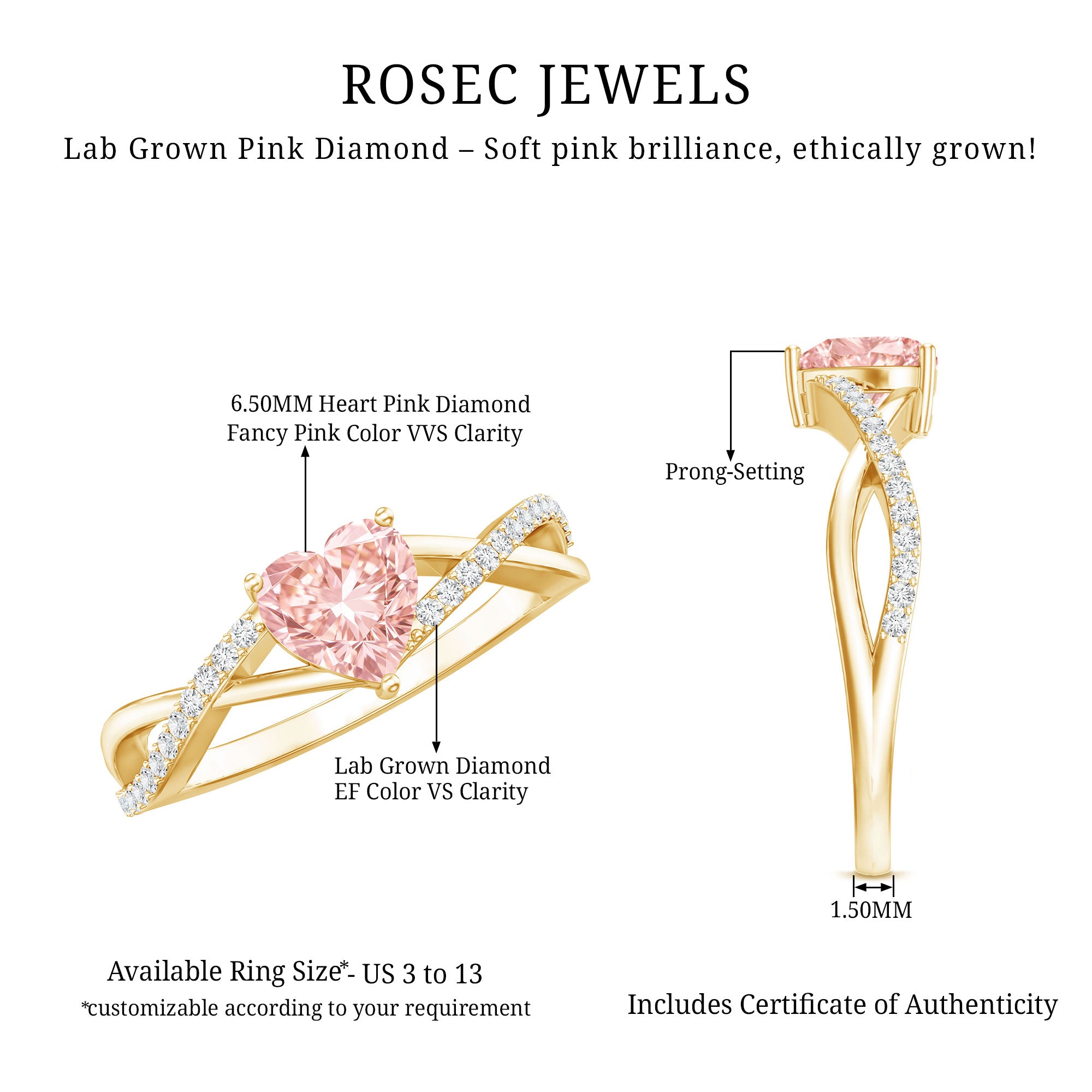 IGI Certified 1 CT Heart Shaped Lab Grown Pink Diamond Infinity Engagement Ring E-VS1 - Rosec Jewels