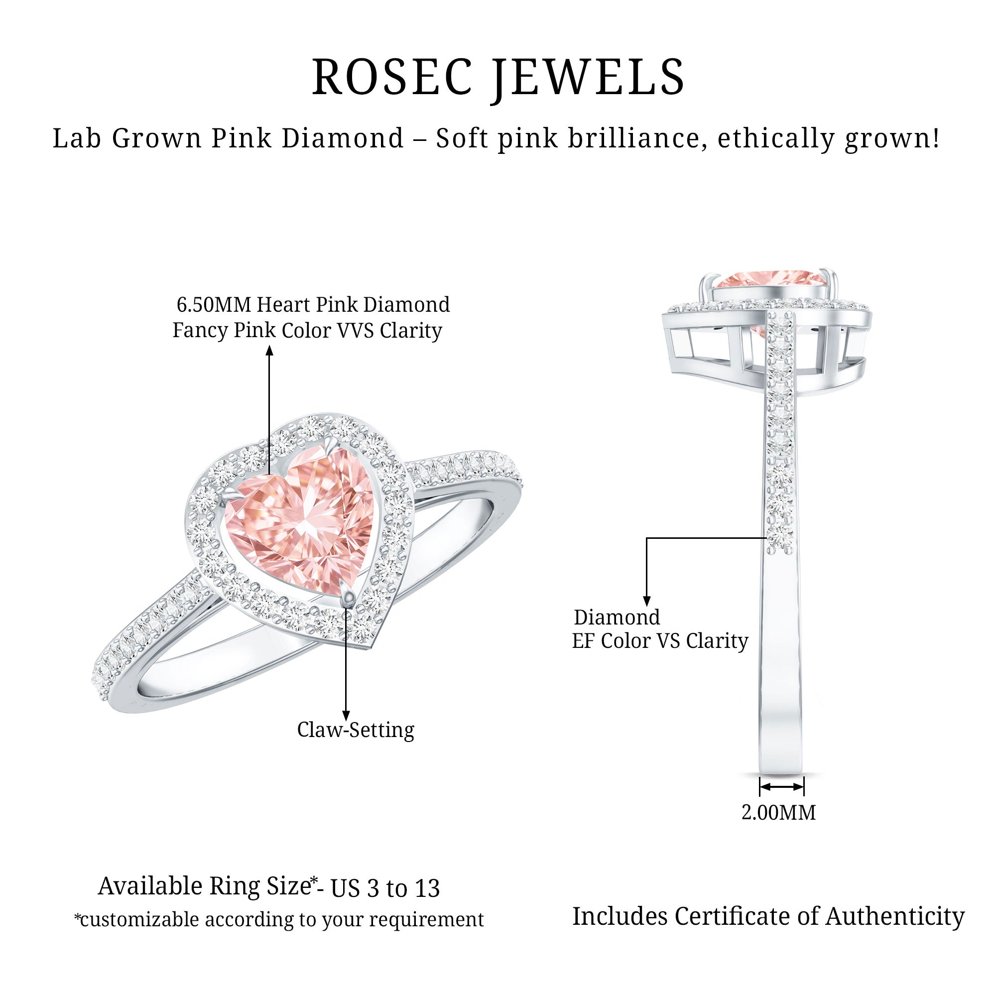 Heart Shape 1 CT Lab Grown Pink White Diamond Halo Engagement Ring IGI Certified E-VS1 - Rosec Jewels