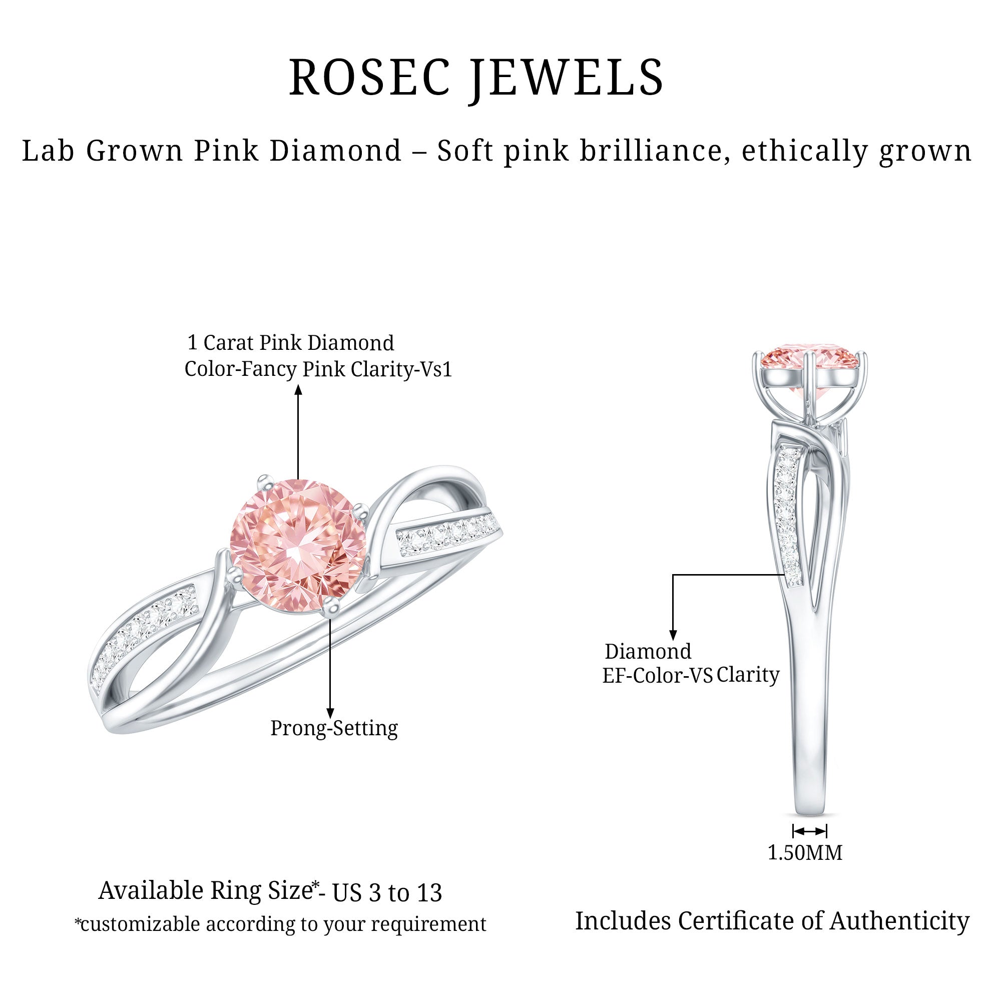 1 CT Lab Grown Pink Diamond Infinity Engagement Ring with IGI Certificate Fancy Pink - VS1 - Rosec Jewels