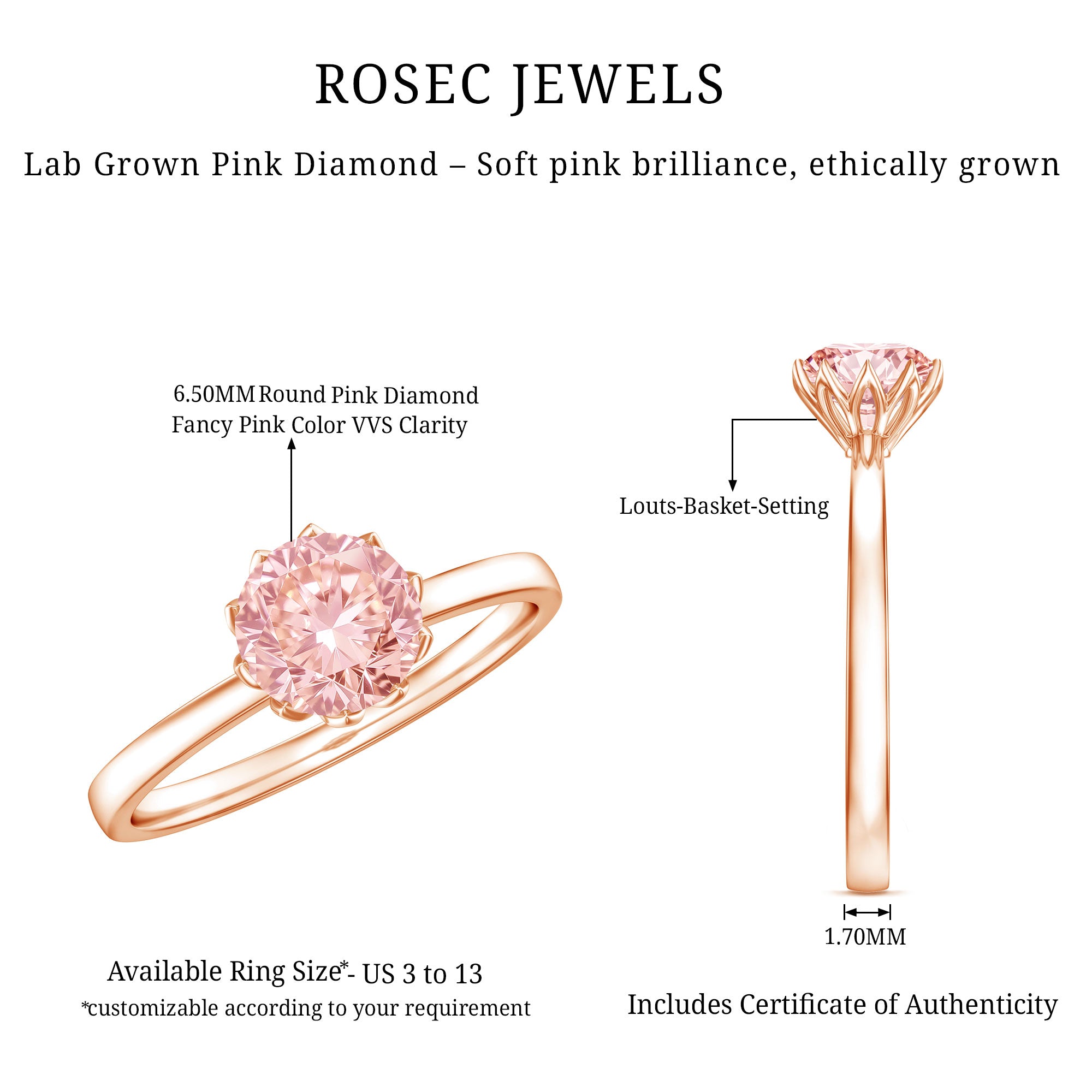 IGI Certified 1 CT Lab Grown Pink Diamond Solitaire Engagement Ring in Lotus Basket Setting E-VS1 - Rosec Jewels