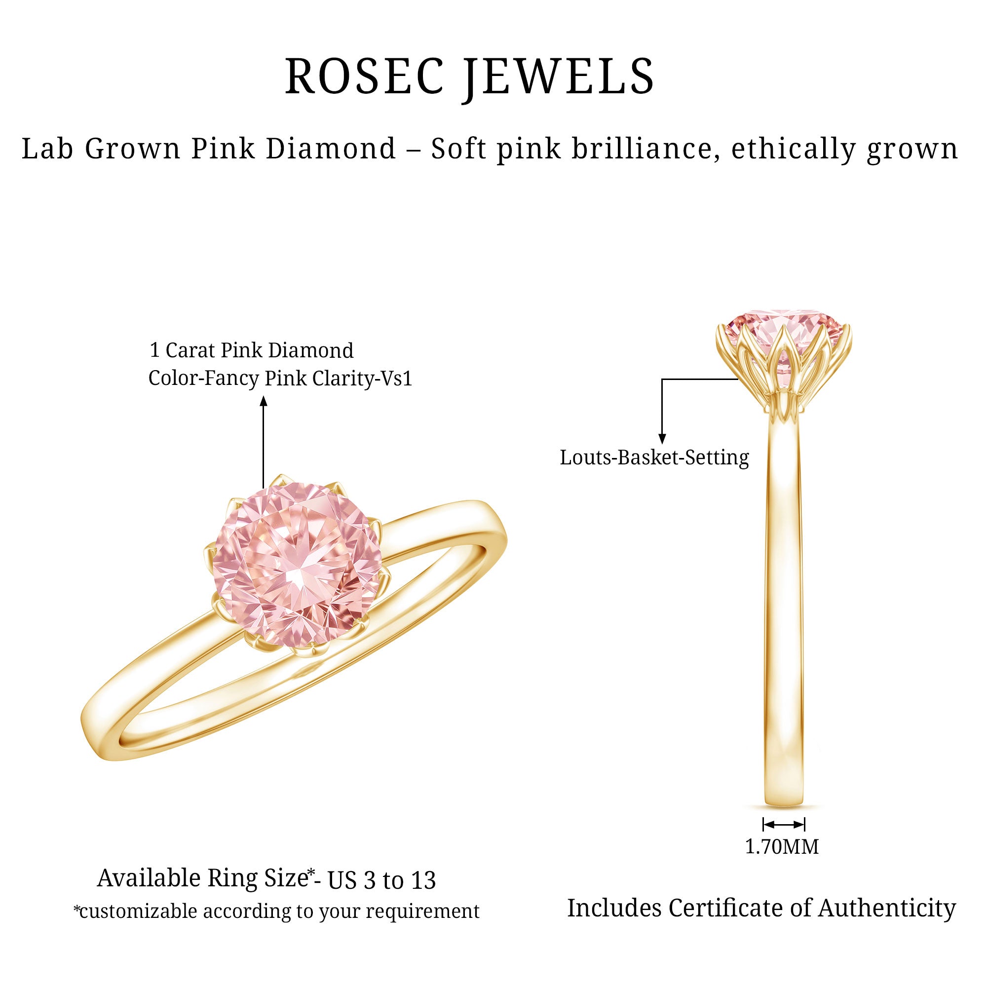 IGI Certified 1 CT Lab Grown Pink Diamond Solitaire Engagement Ring in Lotus Basket Setting Fancy Pink - VS1 - Rosec Jewels