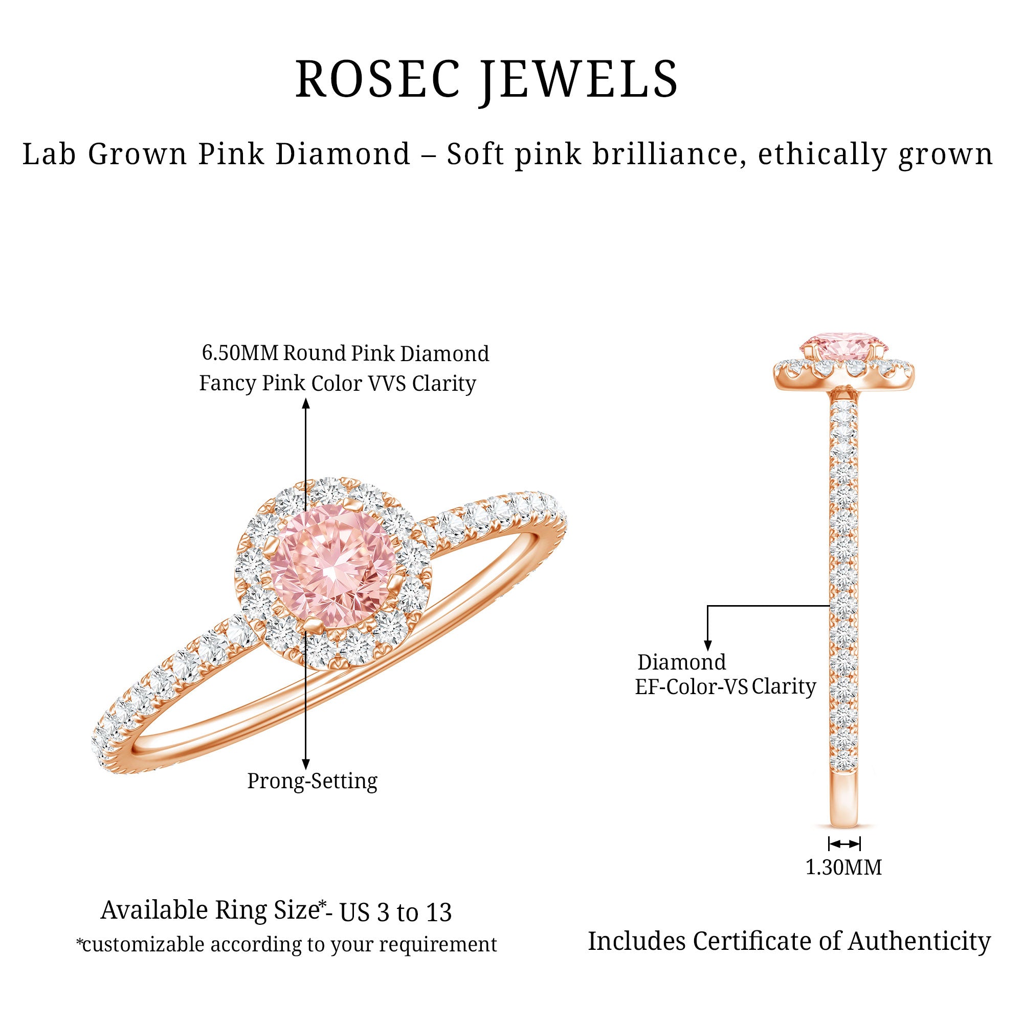 Rosec Jewels-Lab Grown Pink White Diamond Halo Engagement Ring with Certificate
