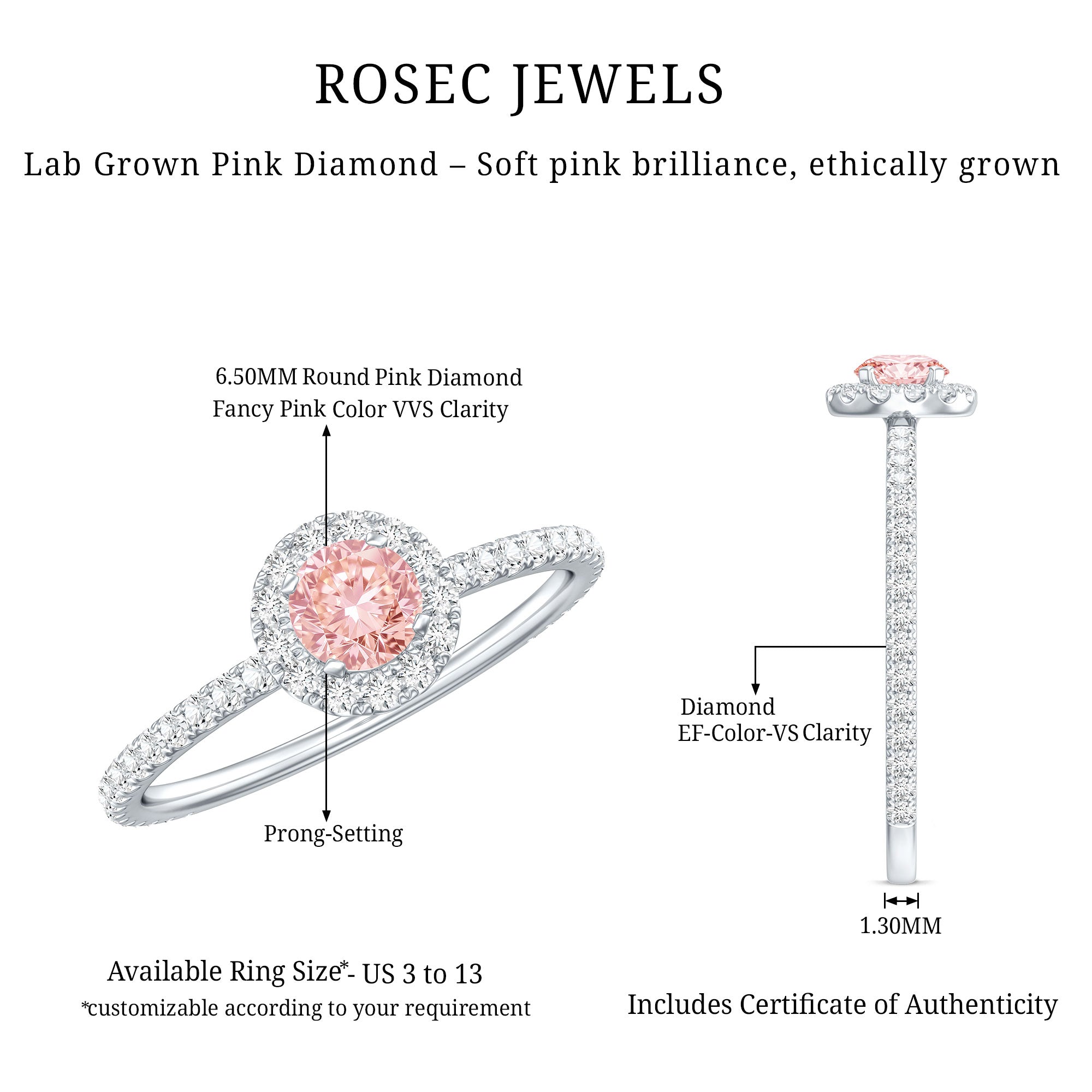 Rosec Jewels-Lab Grown Pink White Diamond Halo Engagement Ring with Certificate