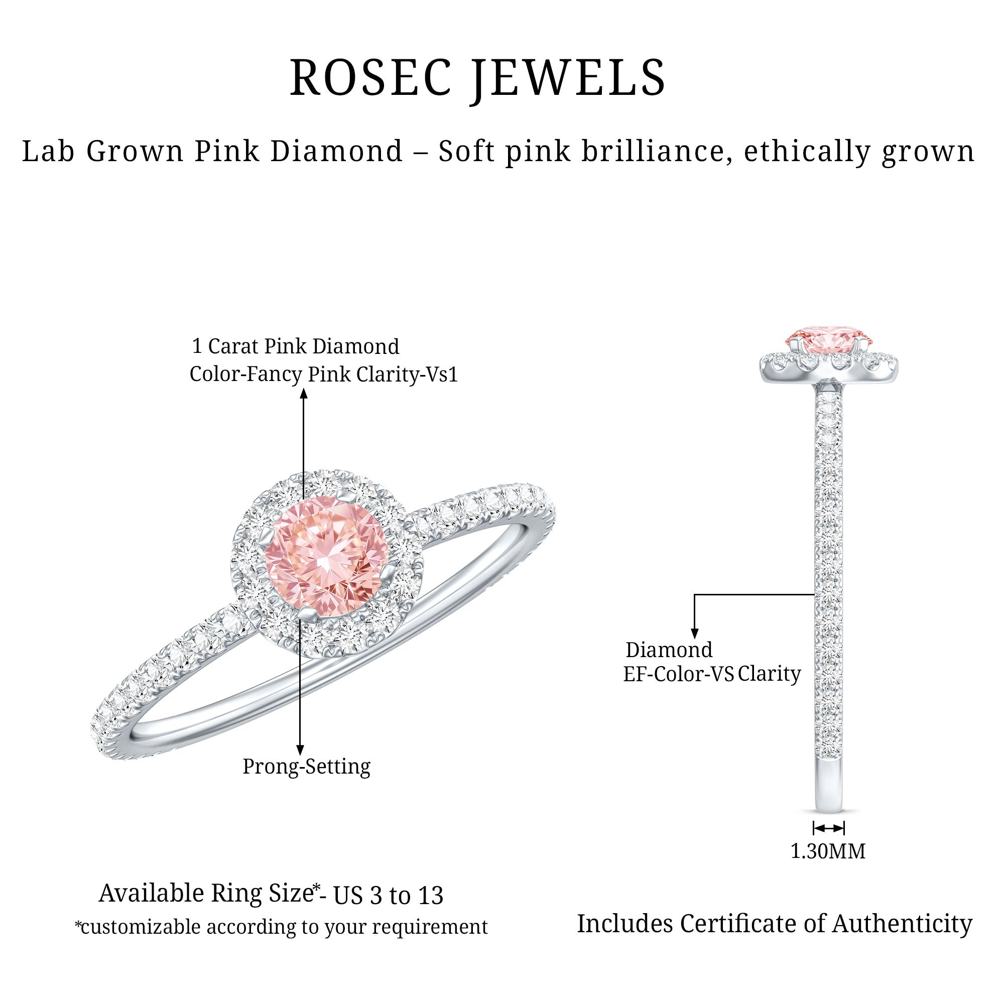 Lab Grown Pink White Diamond Halo Engagement Ring with IGI Certificate Fancy Pink - VS1 - Rosec Jewels