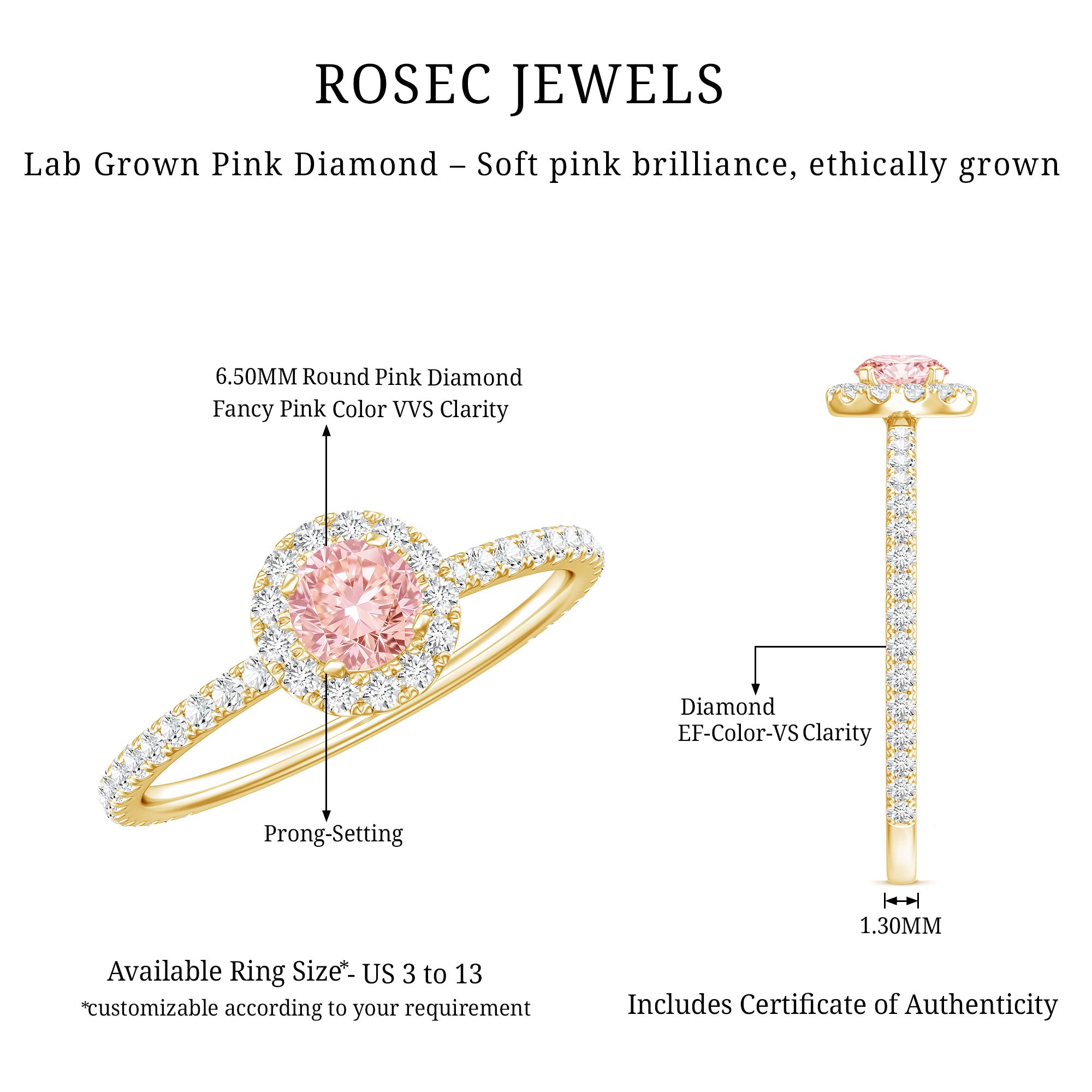 Rosec Jewels-Lab Grown Pink White Diamond Halo Engagement Ring with Certificate