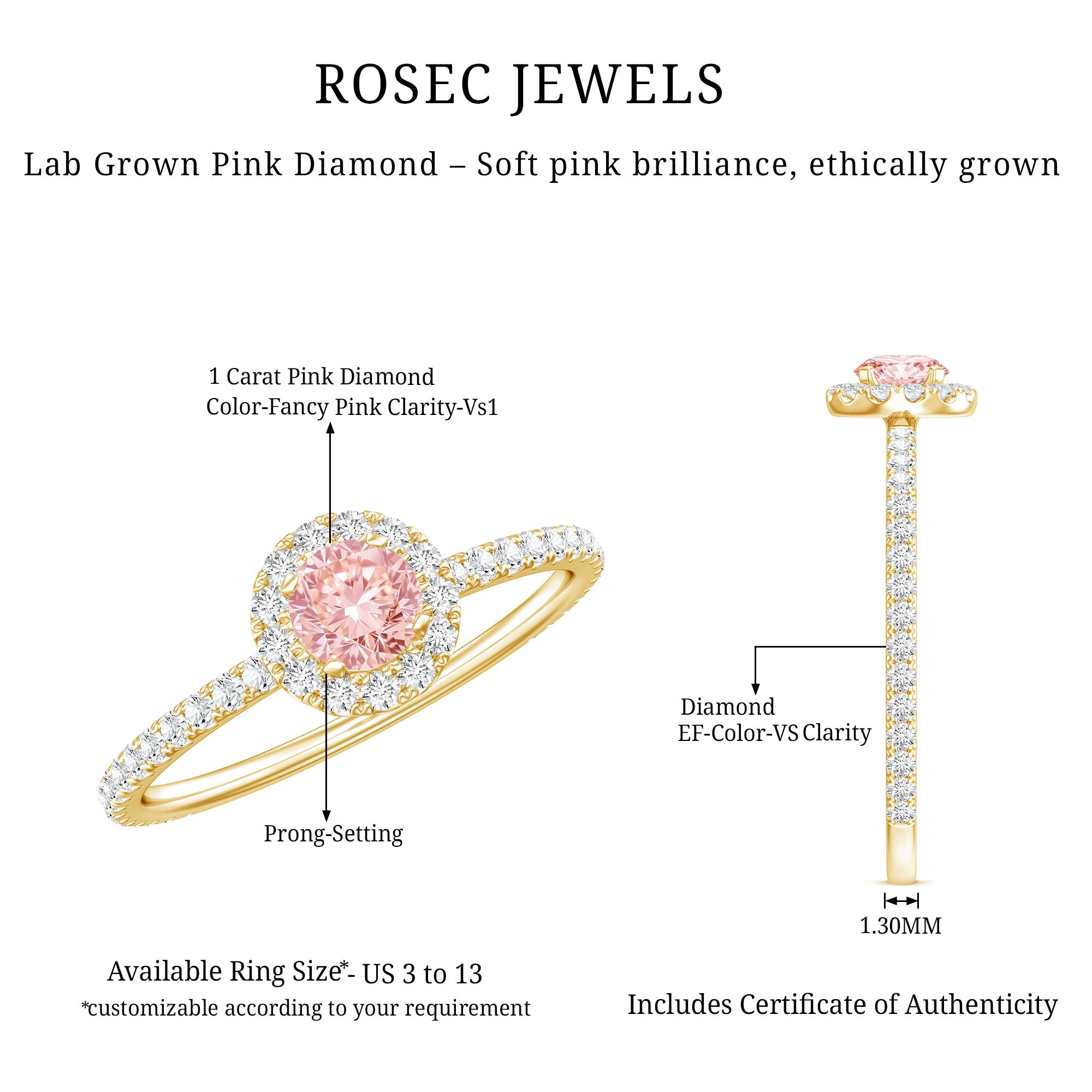 Lab Grown Pink White Diamond Halo Engagement Ring with IGI Certificate Fancy Pink - VS1 - Rosec Jewels