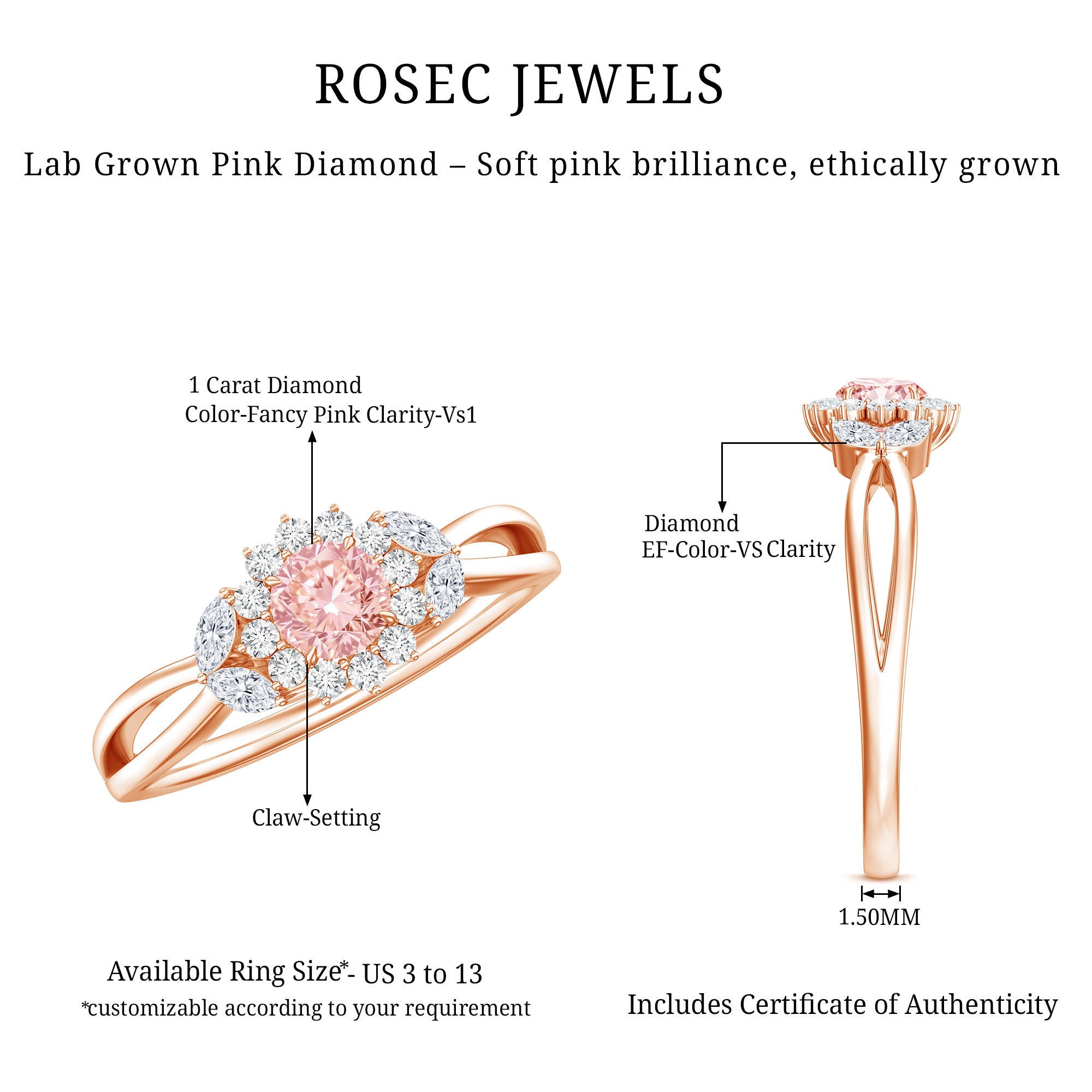 Lab Grown Pink and White Diamond Flower Engagement Ring IGI Certified Fancy Pink - VS1 - Rosec Jewels