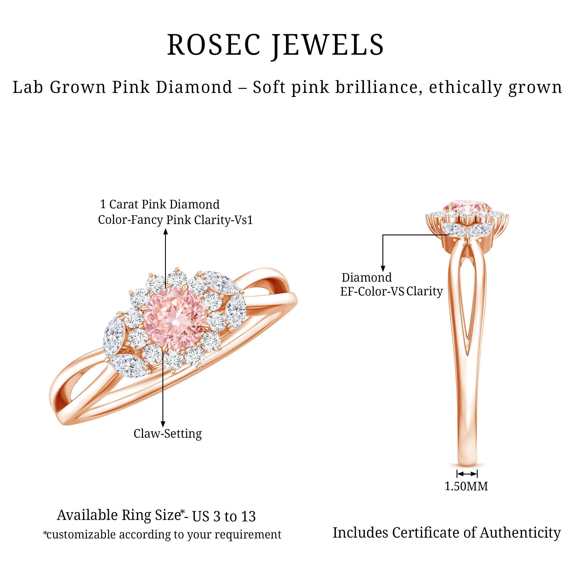 Lab Grown Pink and White Diamond Flower Engagement Ring IGI Certified Fancy Pink - VS1 - Rosec Jewels