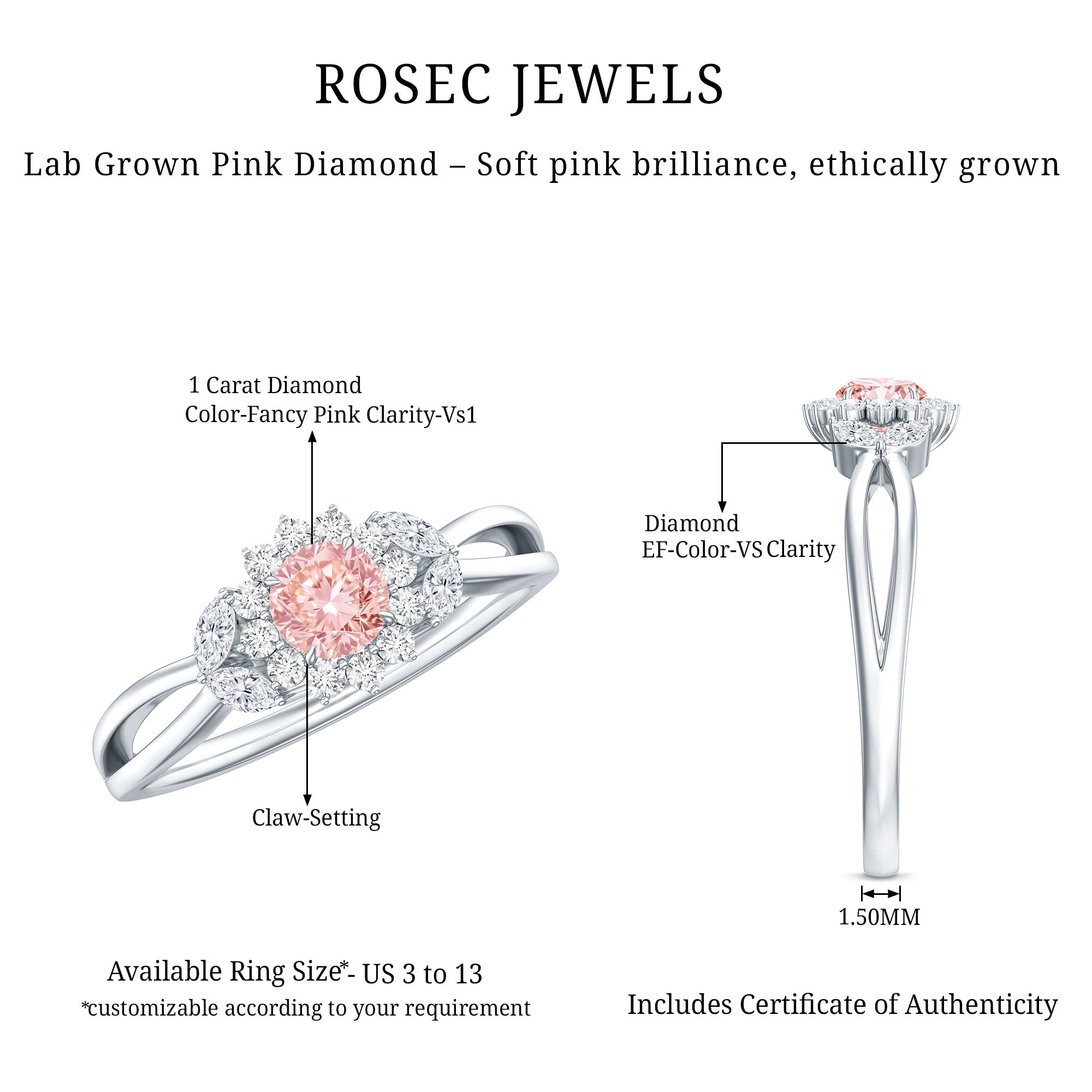 Lab Grown Pink and White Diamond Flower Engagement Ring IGI Certified Fancy Pink - VS1 - Rosec Jewels