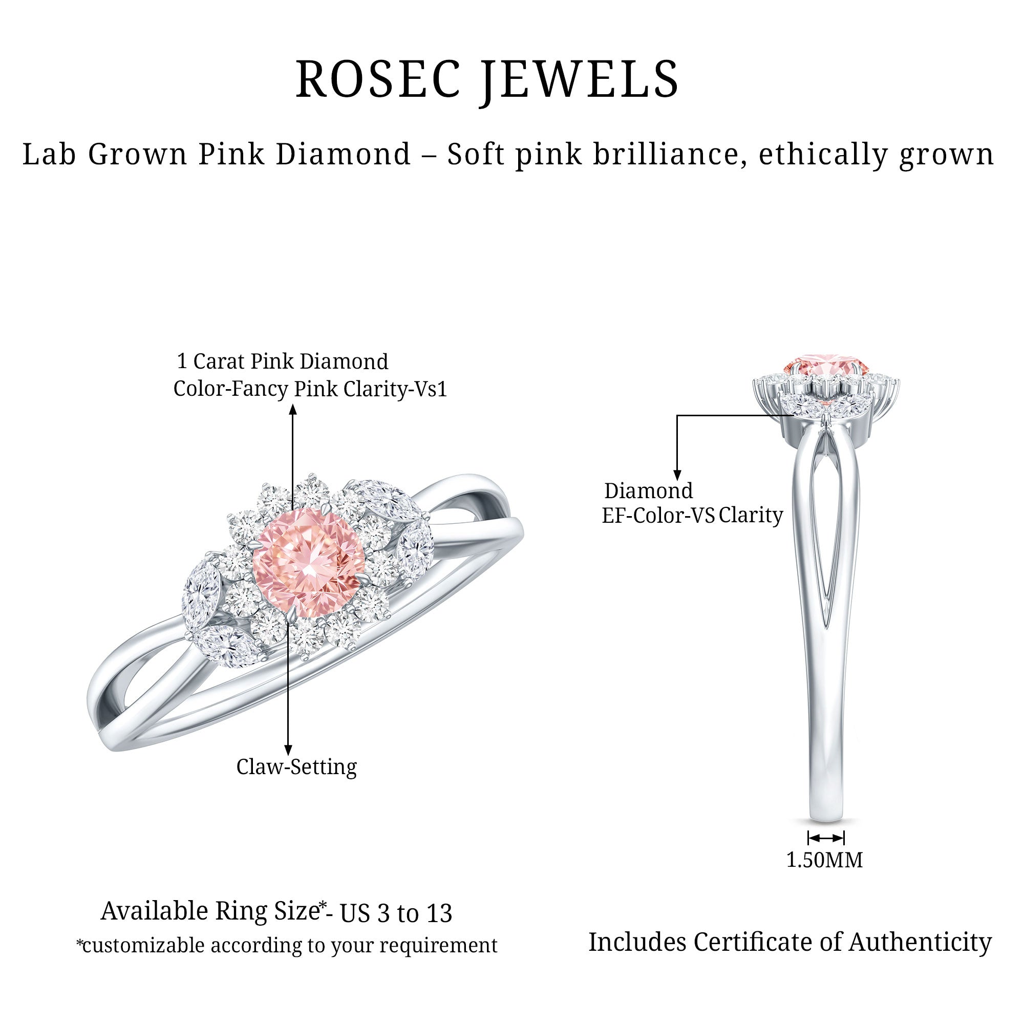 Lab Grown Pink and White Diamond Flower Engagement Ring IGI Certified Fancy Pink - VS1 - Rosec Jewels
