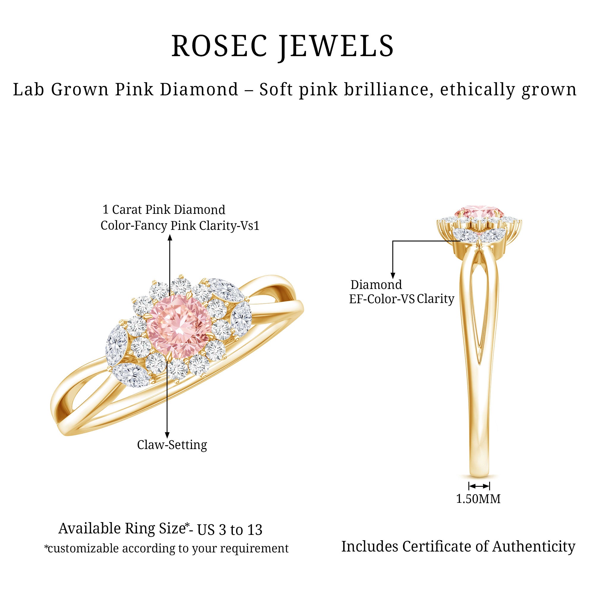 Lab Grown Pink and White Diamond Flower Engagement Ring IGI Certified Fancy Pink - VS1 - Rosec Jewels