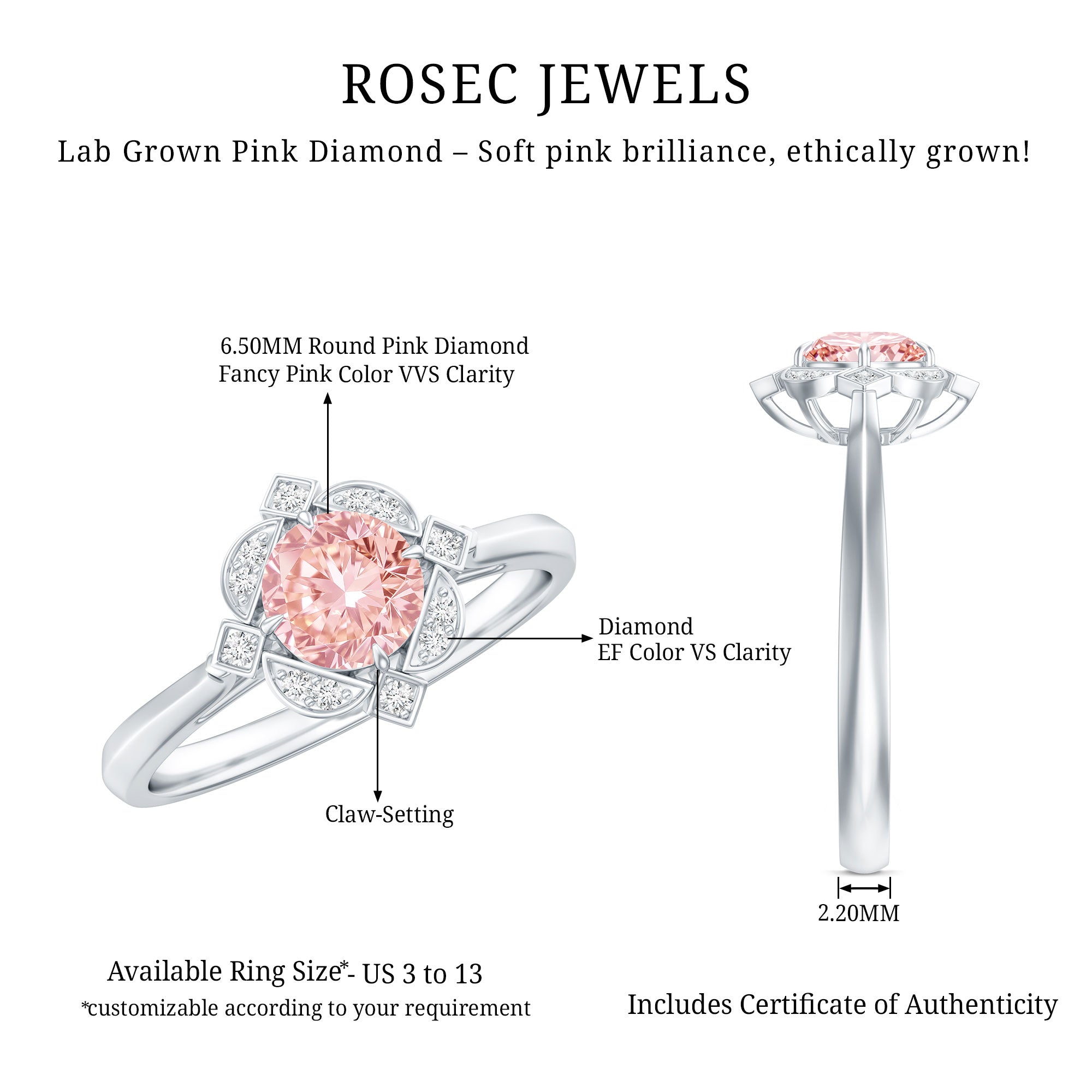 Vintage Inspired Lab Grown Pink Diamond Engagement Ring with IGI Certificate E-VS1 - Rosec Jewels