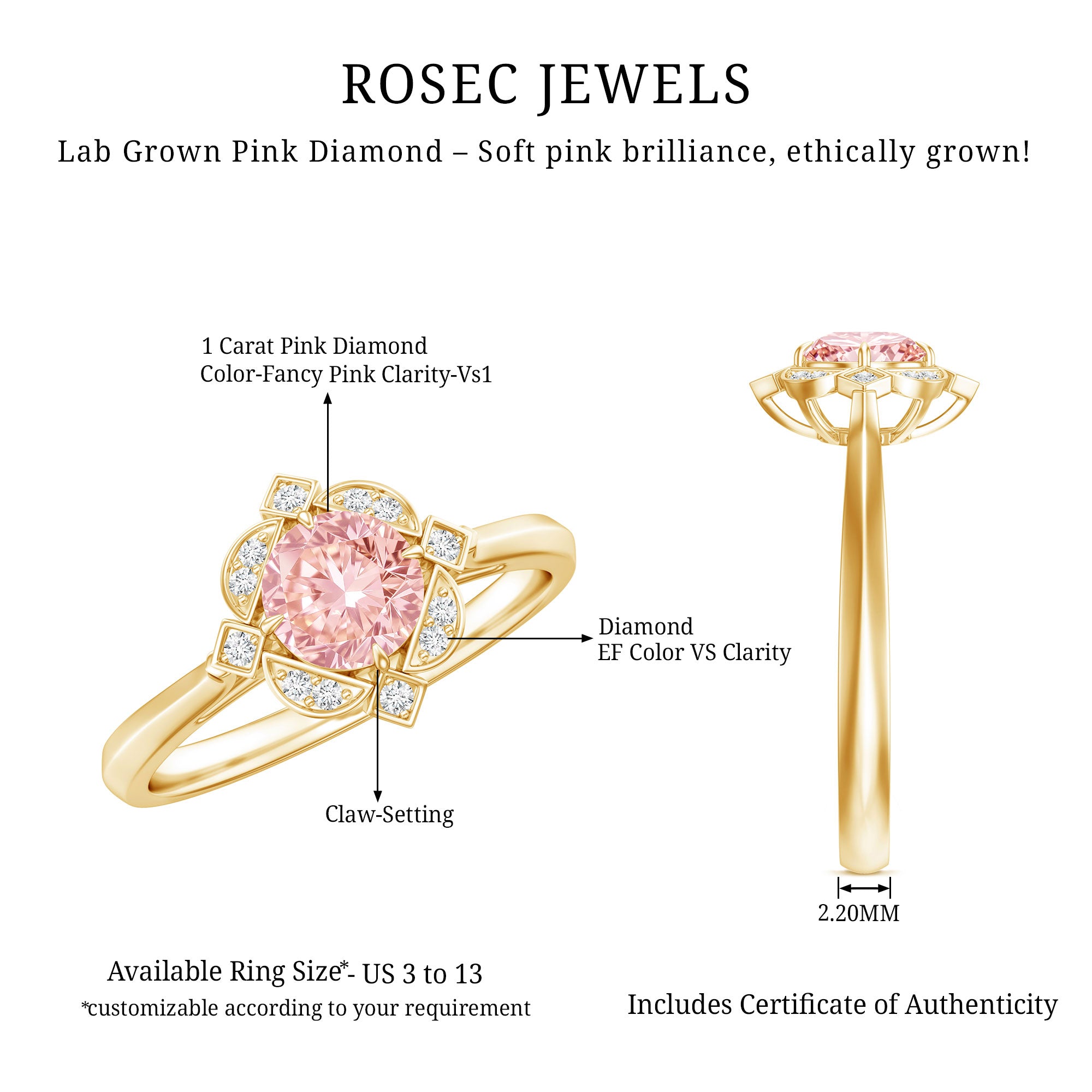 Vintage Inspired Lab Grown Pink Diamond Engagement Ring with IGI Certificate Fancy Pink - VS1 - Rosec Jewels