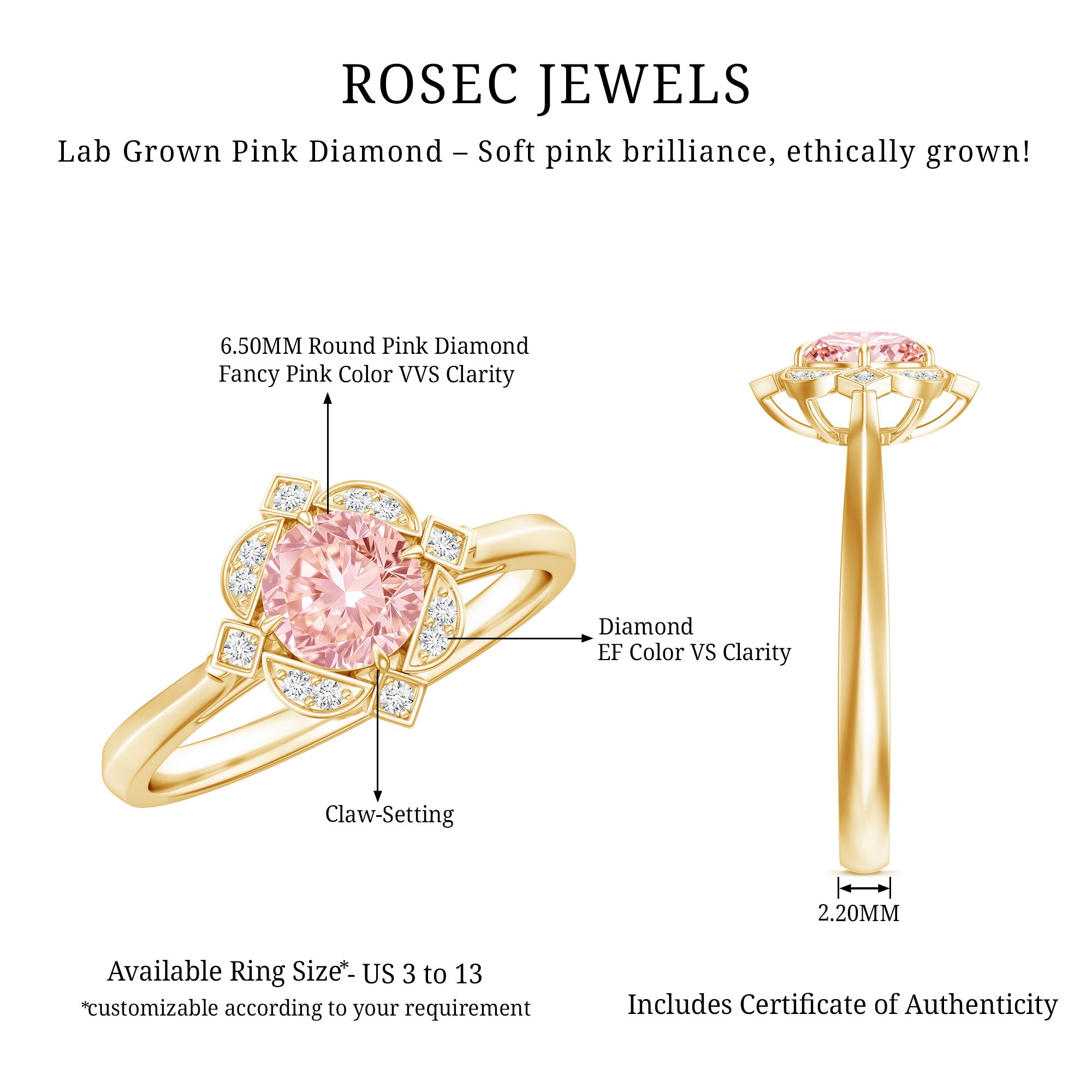 Vintage Inspired Lab Grown Pink Diamond Engagement Ring with IGI Certificate E-VS1 - Rosec Jewels