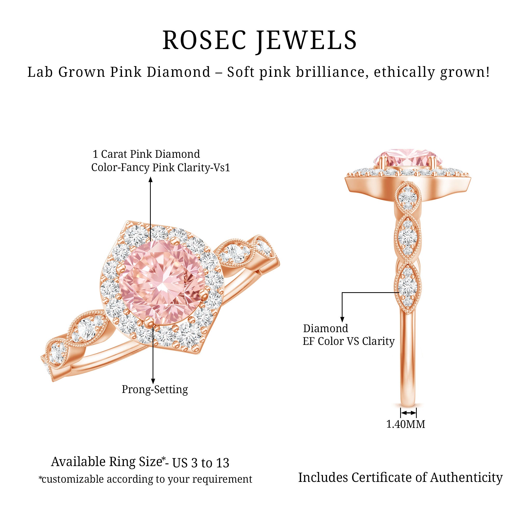 IGI Certified Lab Grown Pink White Diamond Designer Engagement Ring Fancy Pink - VS1 - Rosec Jewels