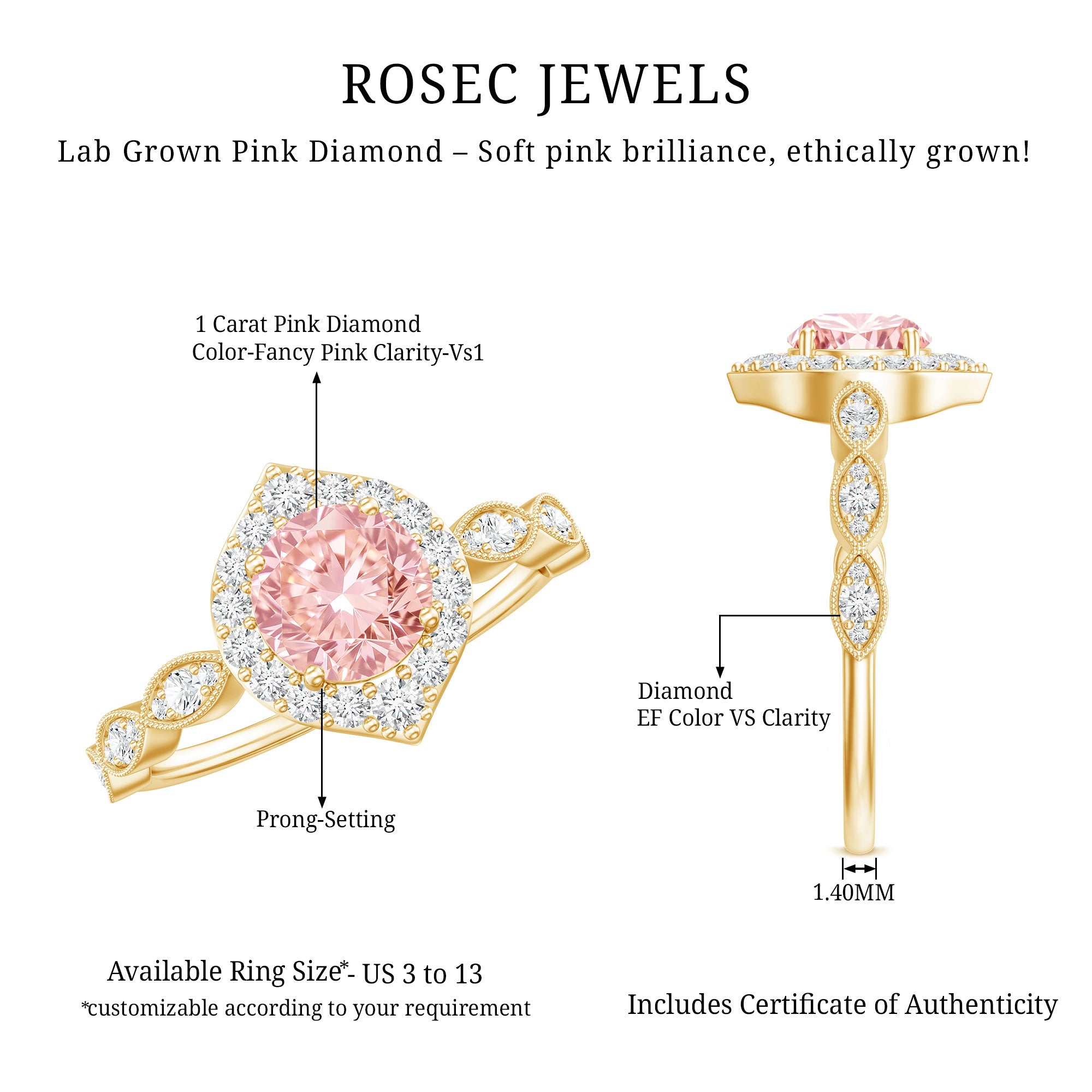 IGI Certified Lab Grown Pink White Diamond Designer Engagement Ring Fancy Pink - VS1 - Rosec Jewels
