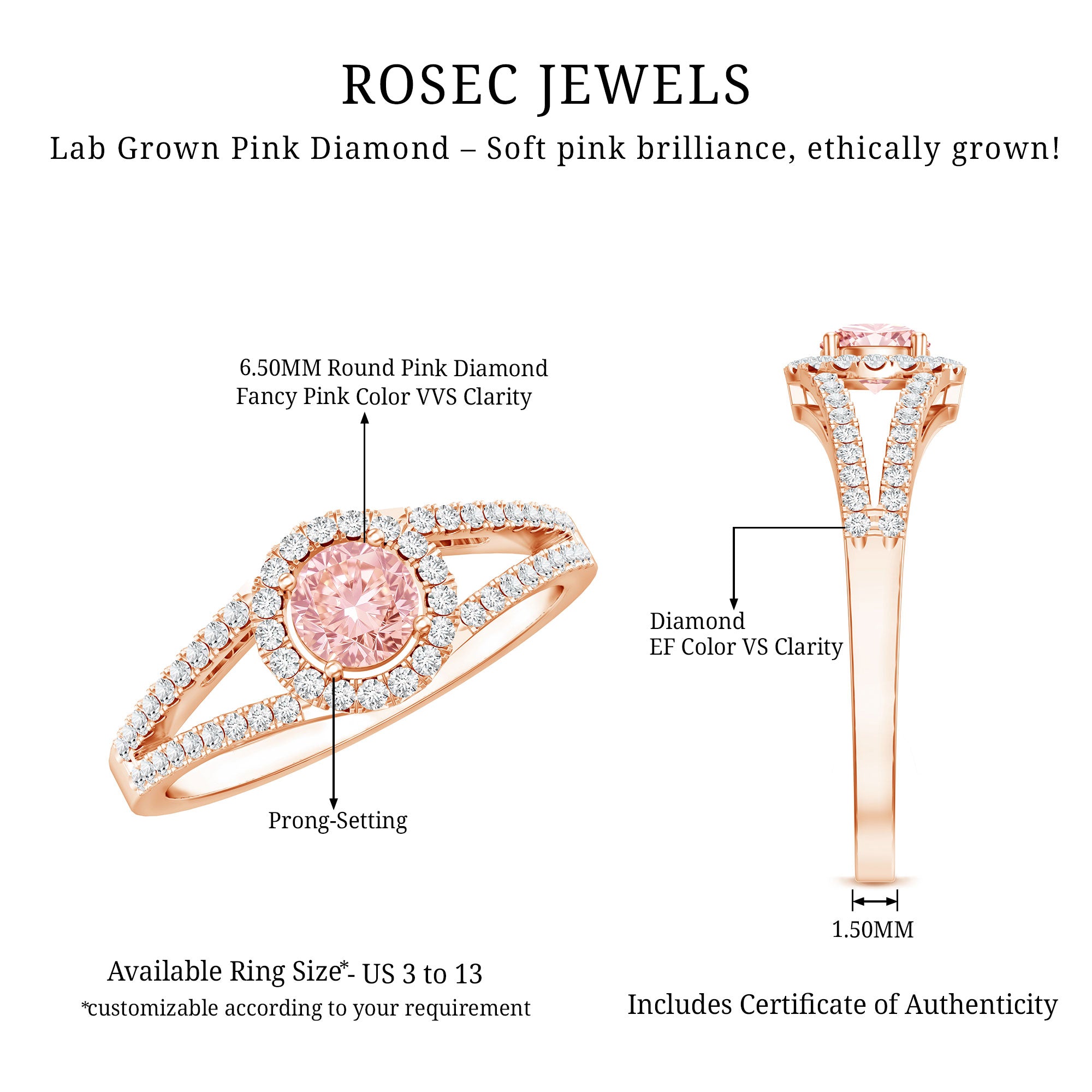 IGI Certified 1 CT Pink Lab Grown Diamond Halo Engagement Ring E-VS1 - Rosec Jewels
