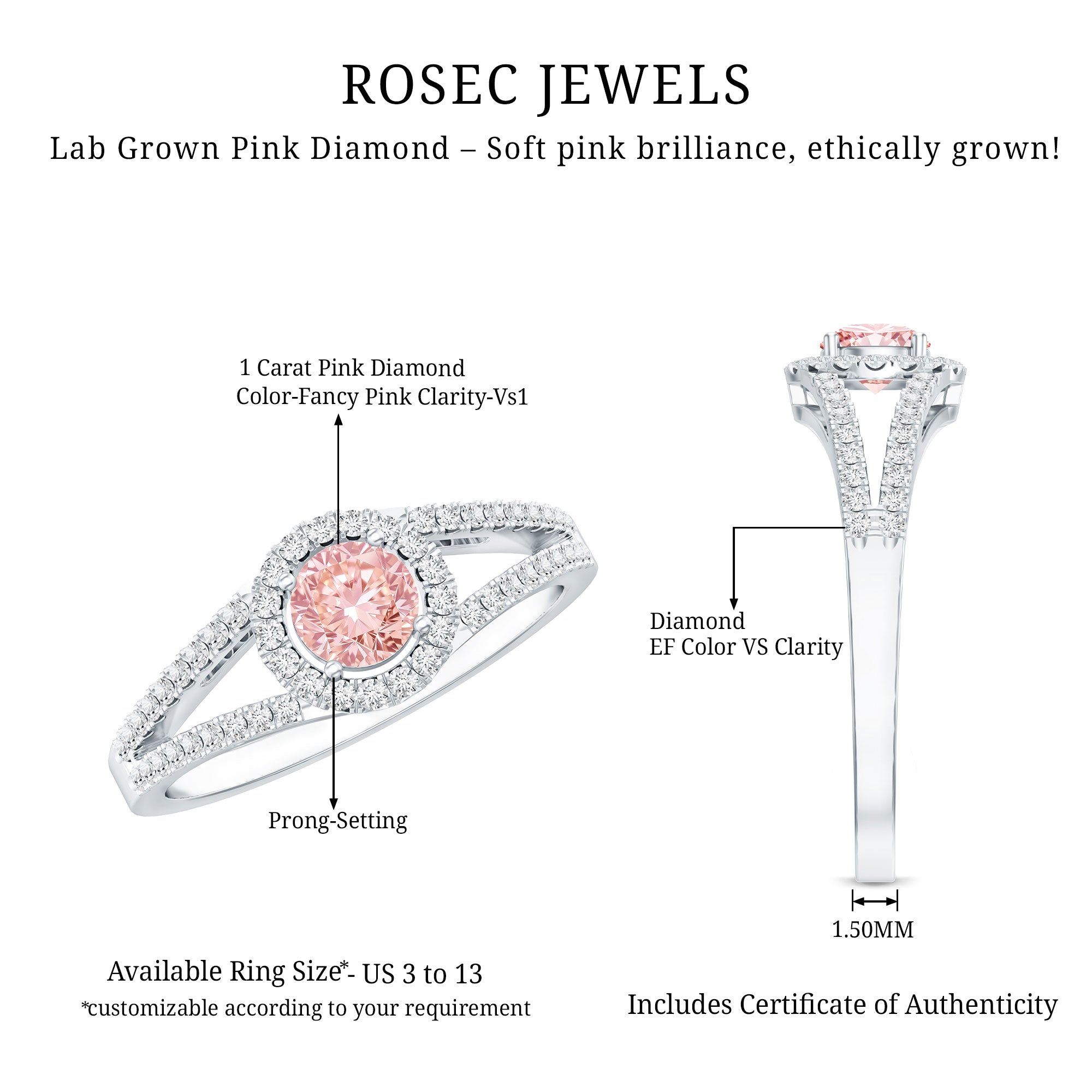 IGI Certified 1 CT Pink Lab Grown Diamond Halo Engagement Ring Fancy Pink - VS1 - Rosec Jewels