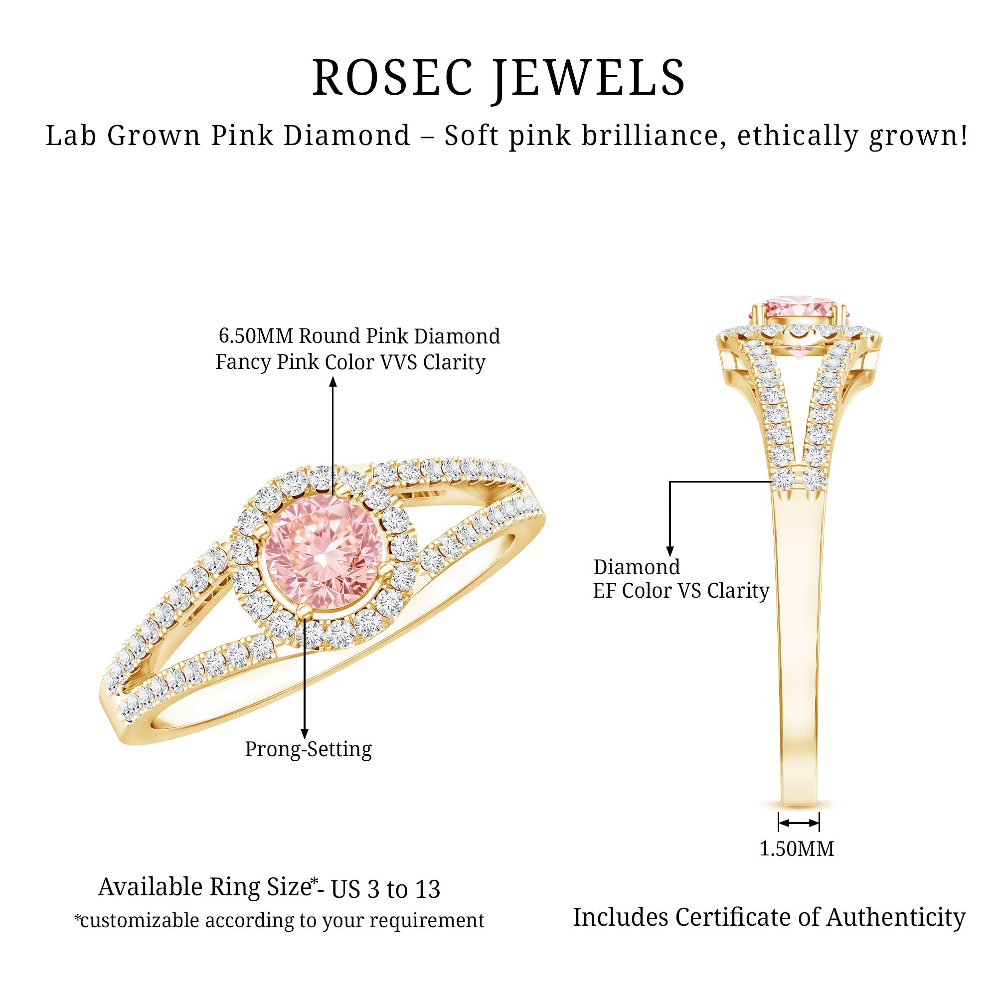 IGI Certified 1 CT Pink Lab Grown Diamond Halo Engagement Ring E-VS1 - Rosec Jewels