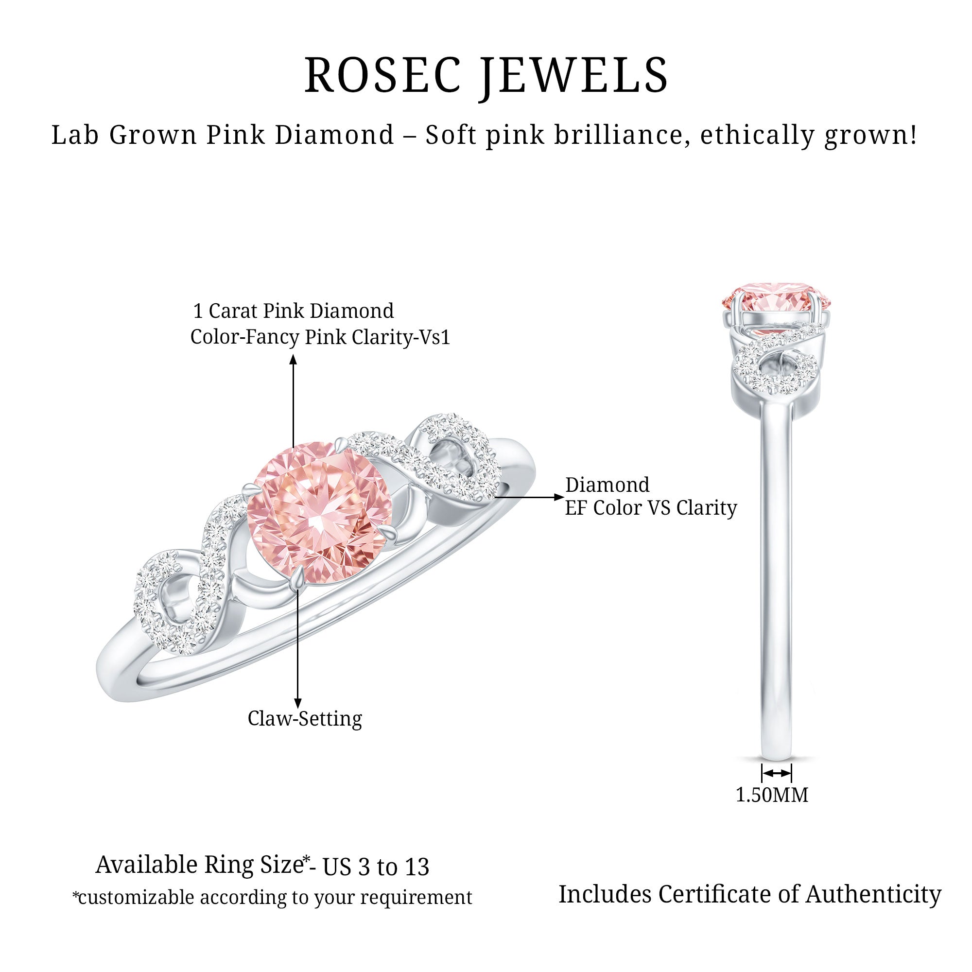 IGI Certified Lab Grown Pink Diamond Infinity Engagement Ring Fancy Pink - VS1 - Rosec Jewels
