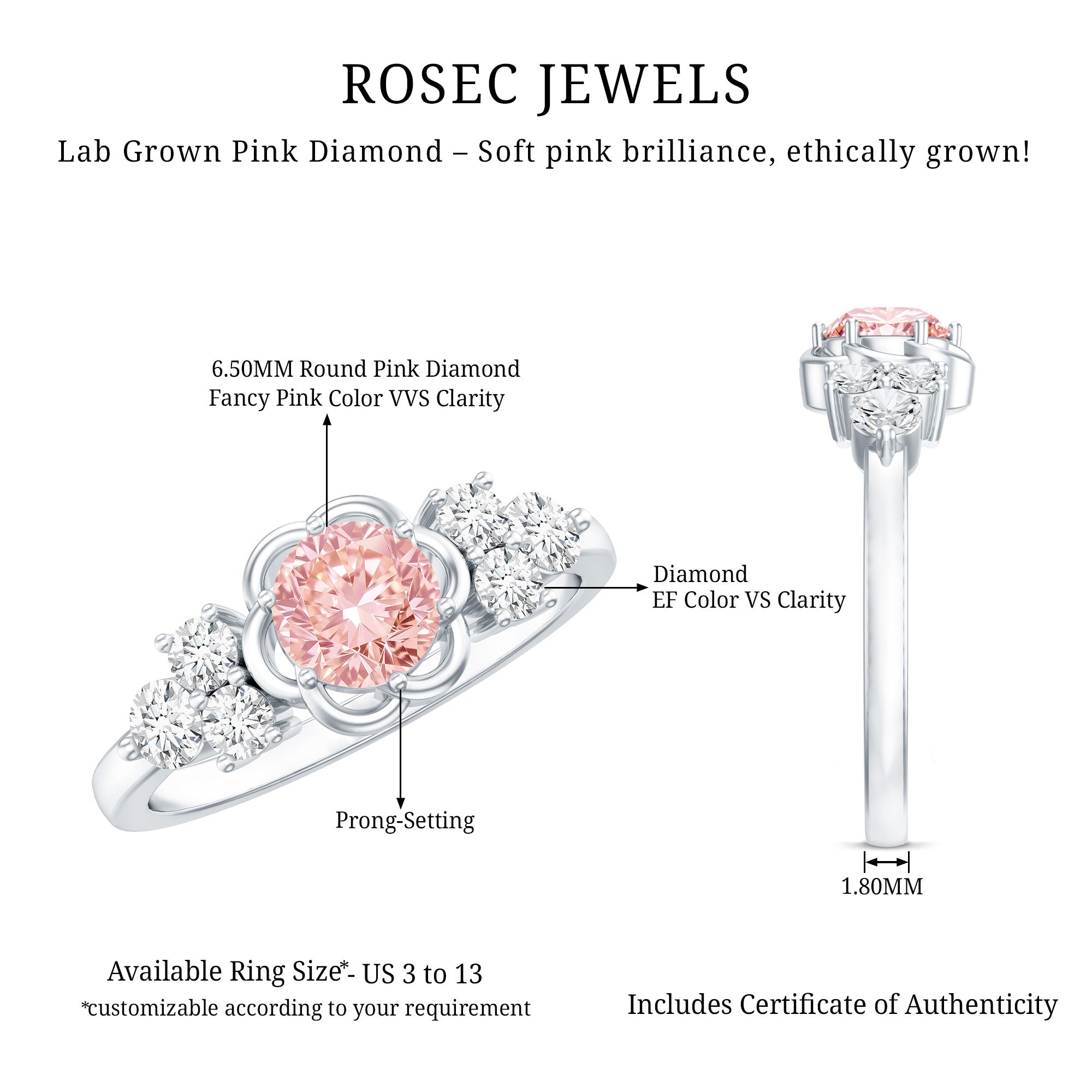 Nature Inspired Lab Grown Pink Diamond Flower Engagement Ring with IGI Certificate E-VS1 - Rosec Jewels