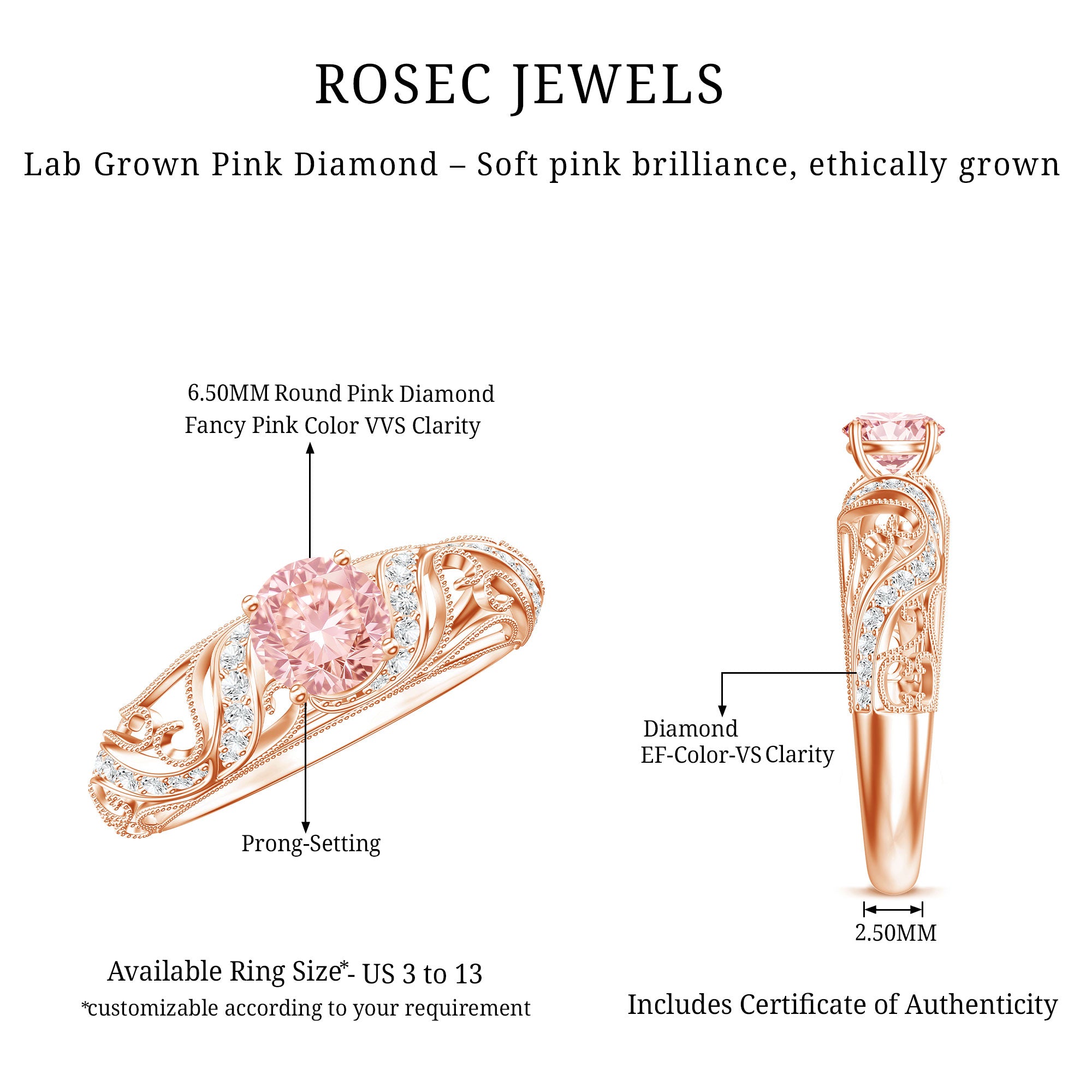 Lab Grown Pink Diamond Vintage Inspired Engagement Ring IGI Certified E-VS1 - Rosec Jewels