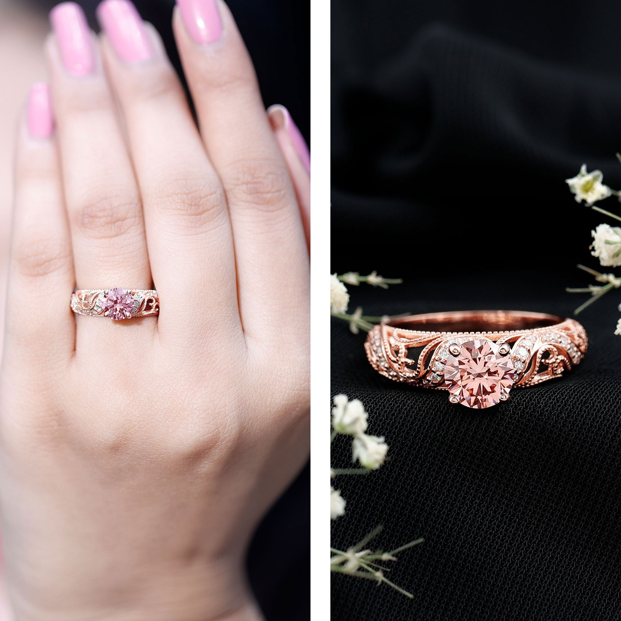 Lab Grown Pink Diamond Vintage Inspired Engagement Ring IGI Certified Fancy Pink - VS1 - Rosec Jewels