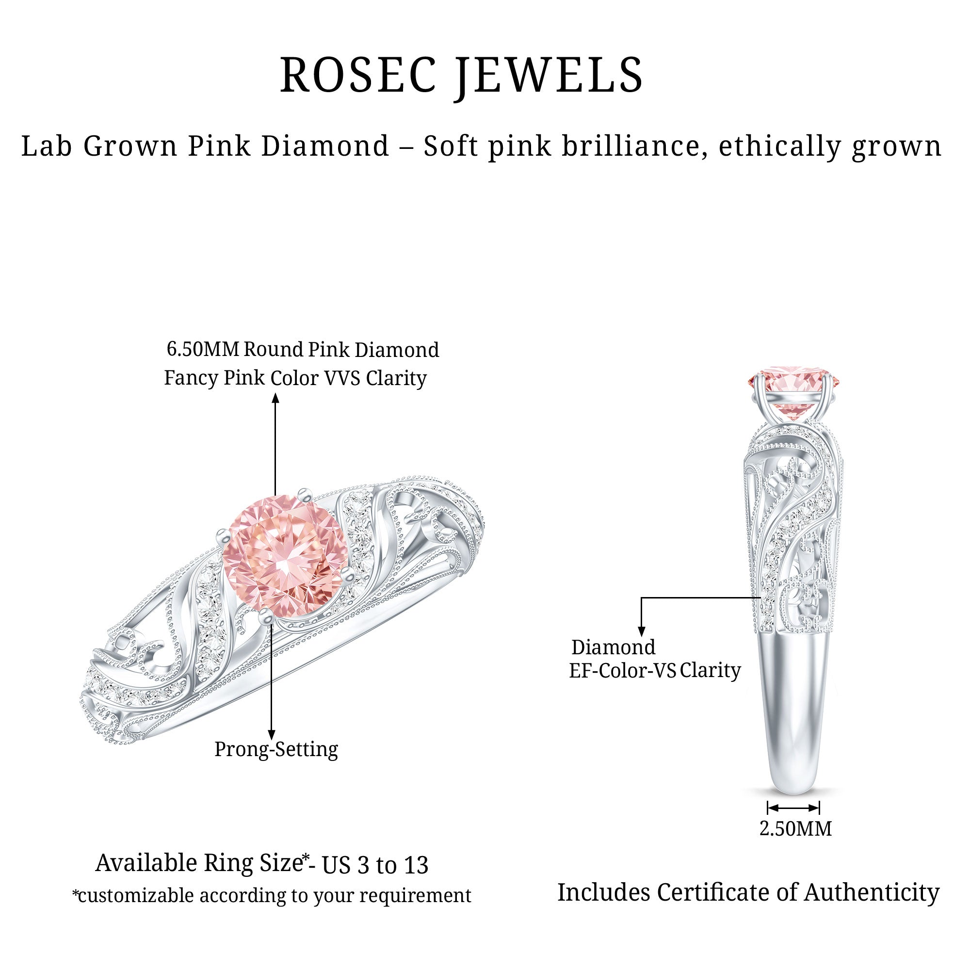 Rosec Jewels-Lab Grown Pink Diamond Vintage Inspired Engagement Ring