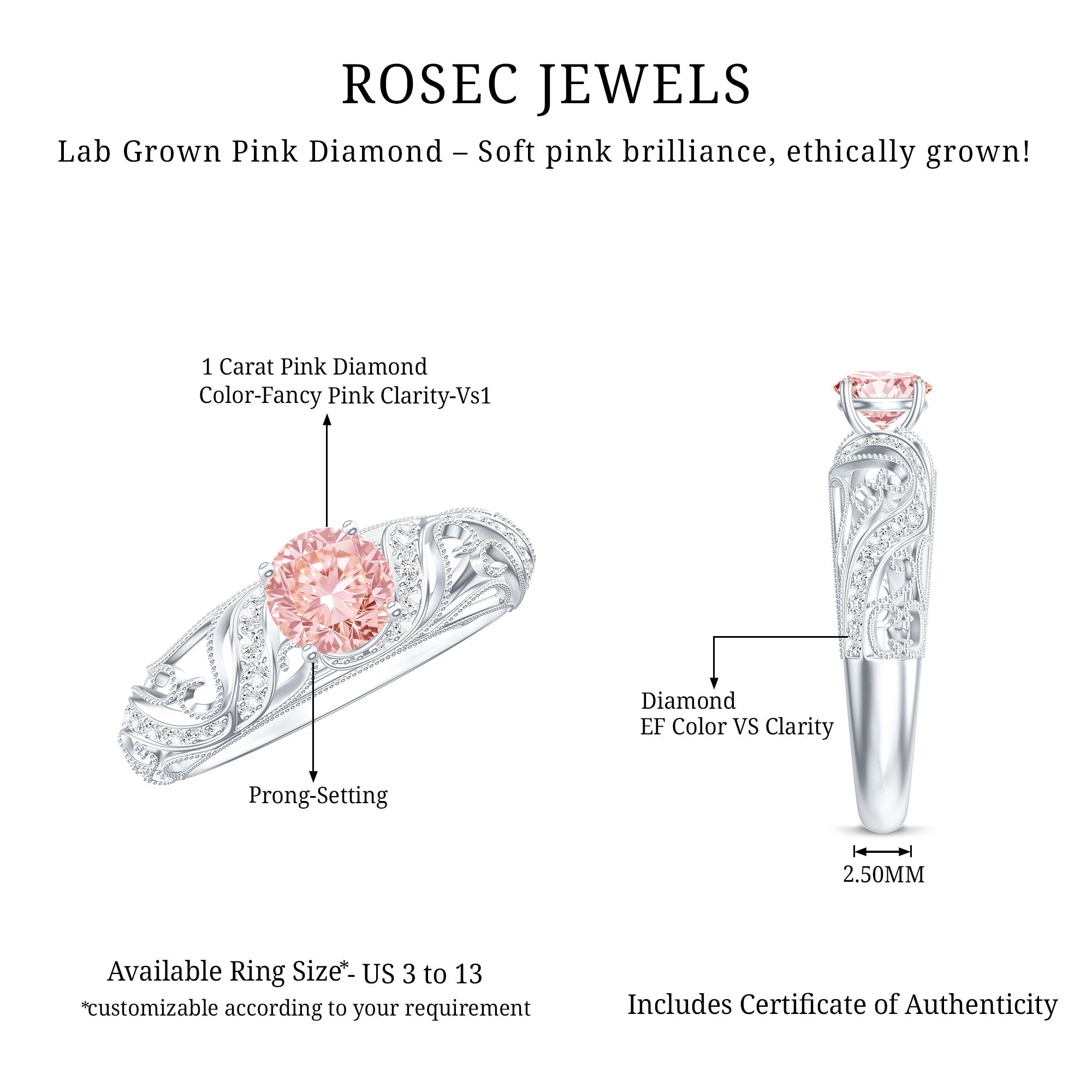 Lab Grown Pink Diamond Vintage Inspired Engagement Ring IGI Certified Fancy Pink - VS1 - Rosec Jewels