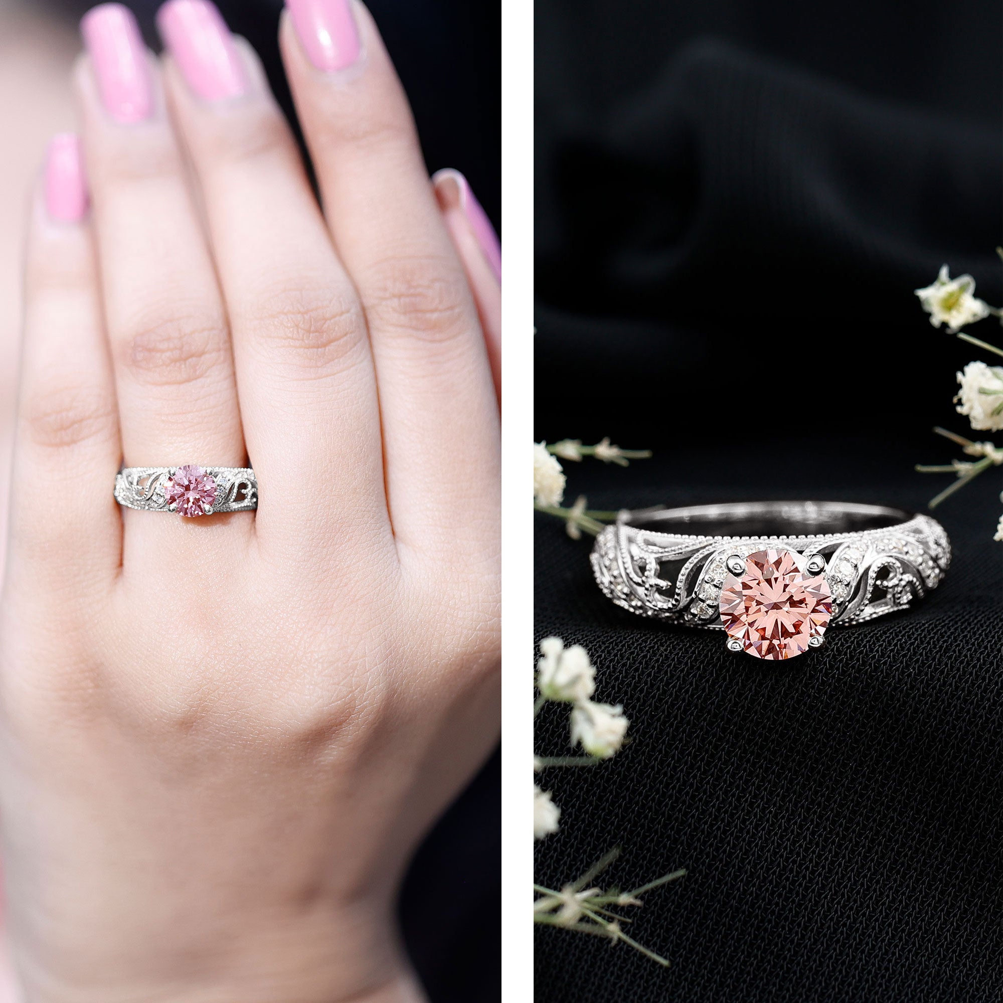 Lab Grown Pink Diamond Vintage Inspired Engagement Ring IGI Certified Fancy Pink - VS1 - Rosec Jewels