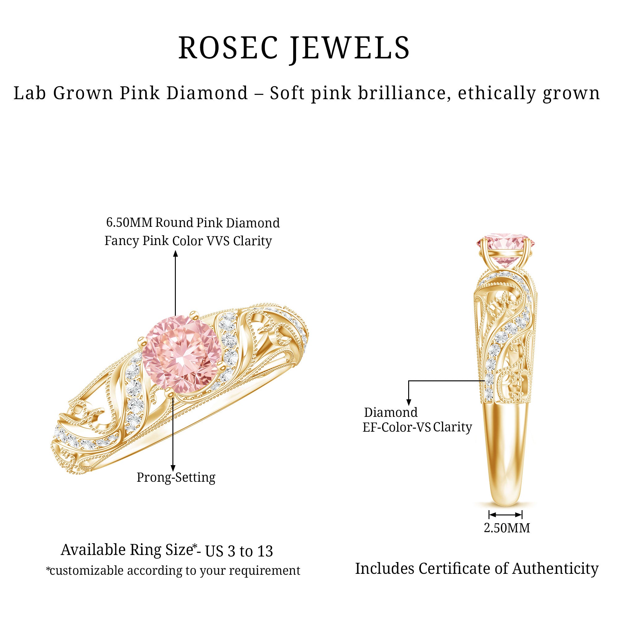 Lab Grown Pink Diamond Vintage Inspired Engagement Ring IGI Certified E-VS1 - Rosec Jewels