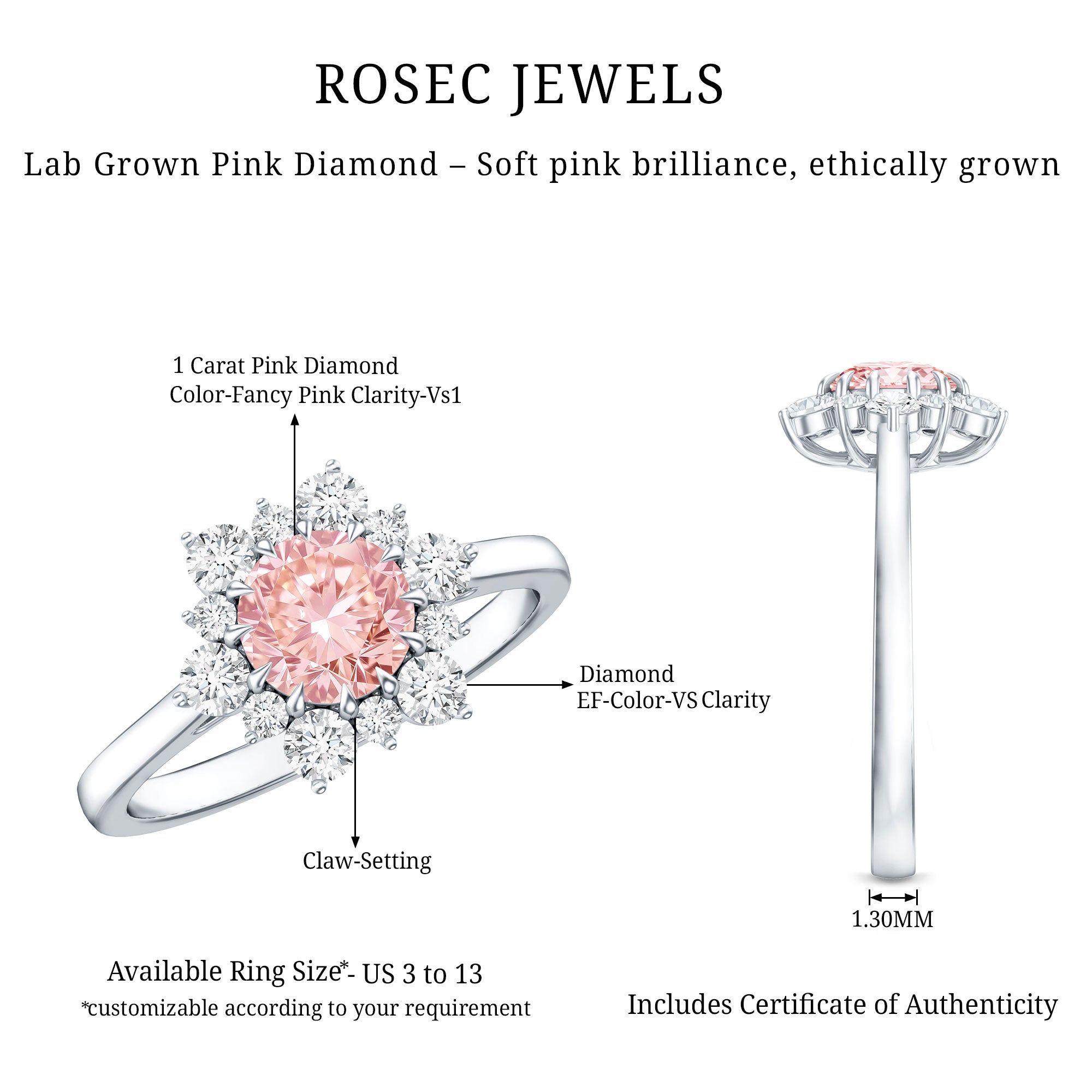 IGI Certified 1 CT Lab Grown Pink and White Diamond Halo Engagement Ring Fancy Pink - VS1 - Rosec Jewels