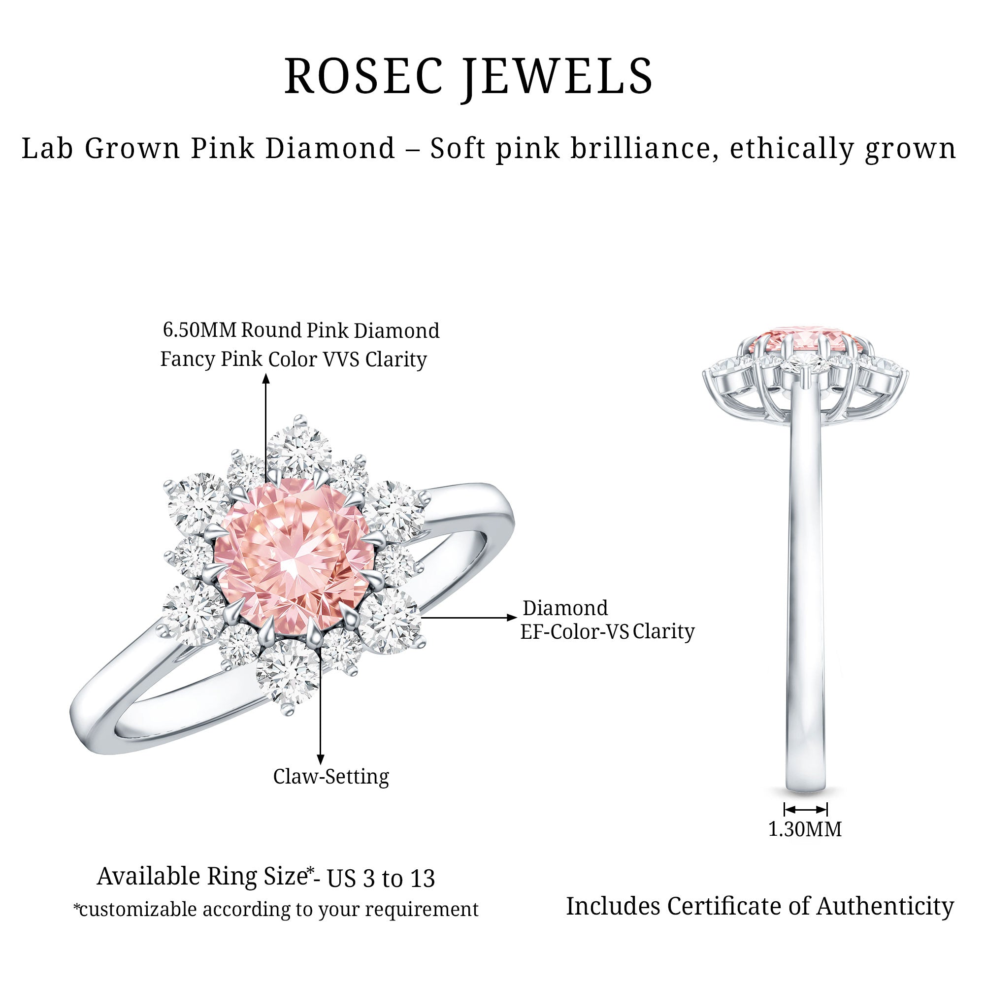 Rosec Jewels-1 CT Lab Grown Pink and White Diamond Halo Engagement Ring