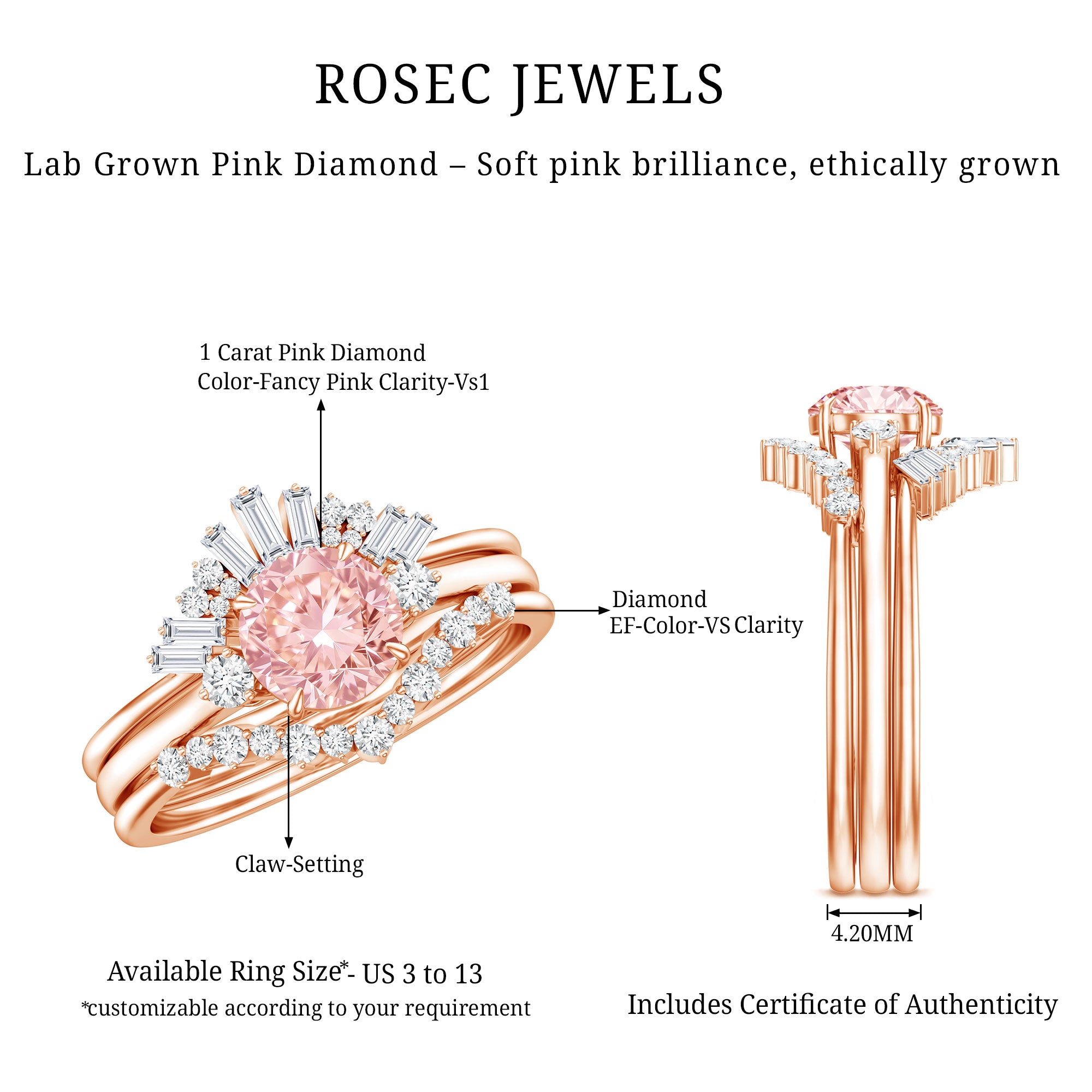 IGI Certified Lab Grown Pink White Diamond Trio Wedding Ring Set Fancy Pink - VS1 - Rosec Jewels
