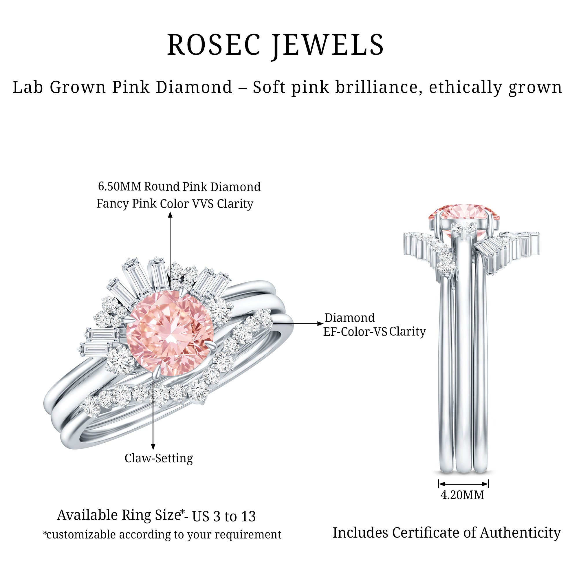 Rosec Jewels-Certified Lab Grown Pink White Diamond Trio Wedding Ring Set