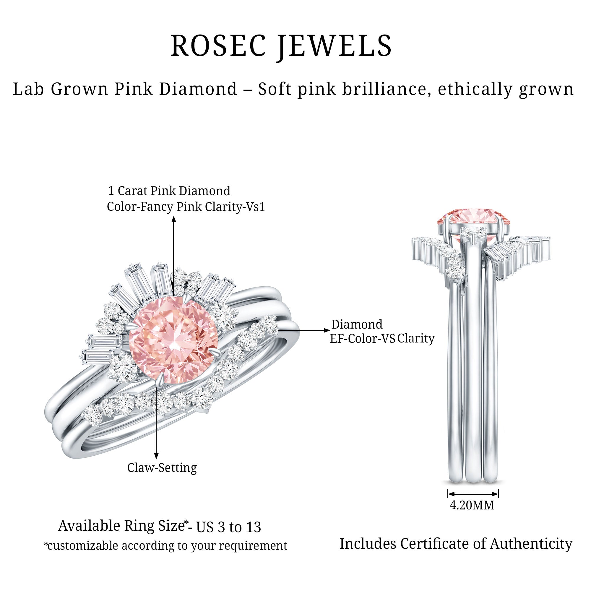 IGI Certified Lab Grown Pink White Diamond Trio Wedding Ring Set Fancy Pink - VS1 - Rosec Jewels
