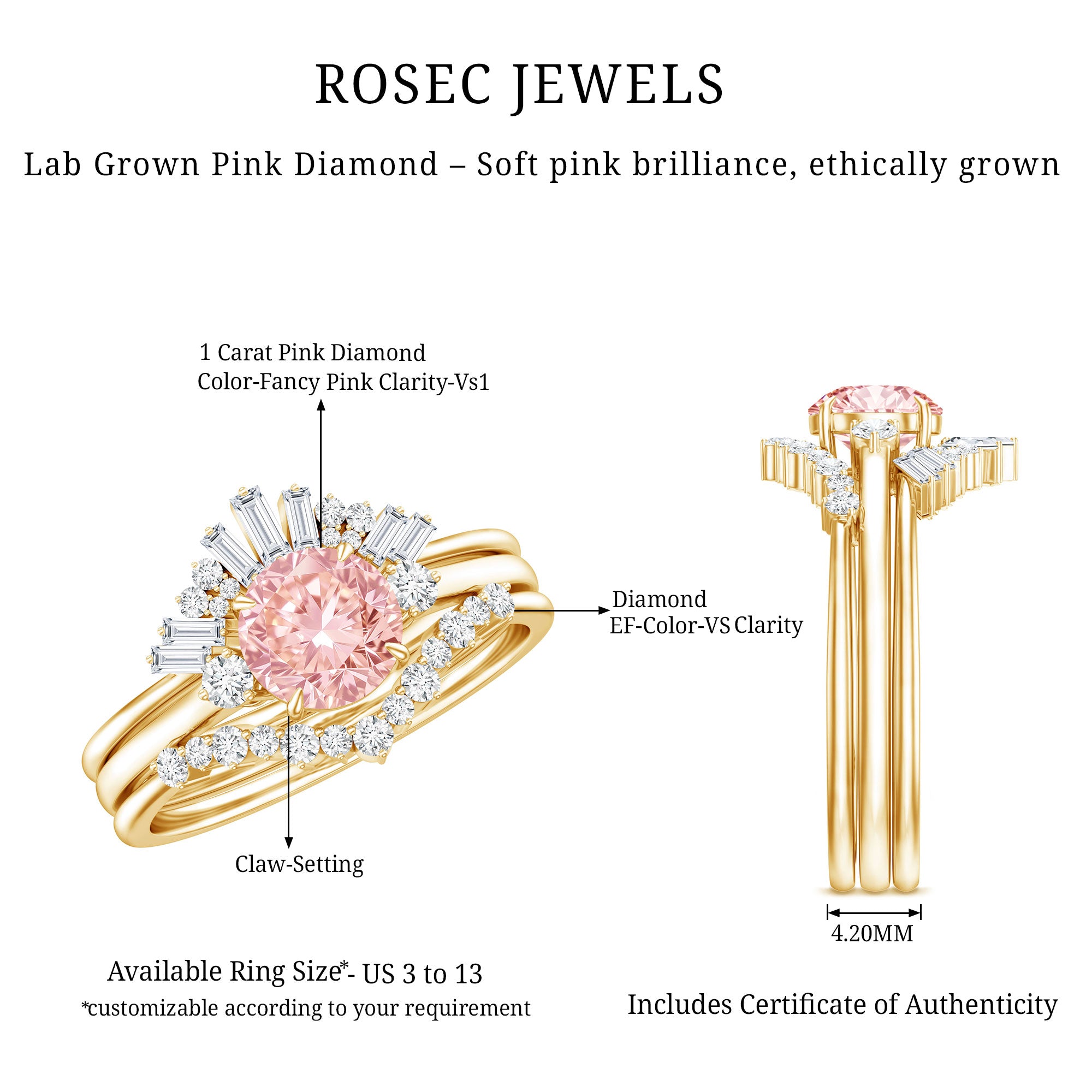 IGI Certified Lab Grown Pink White Diamond Trio Wedding Ring Set Fancy Pink - VS1 - Rosec Jewels