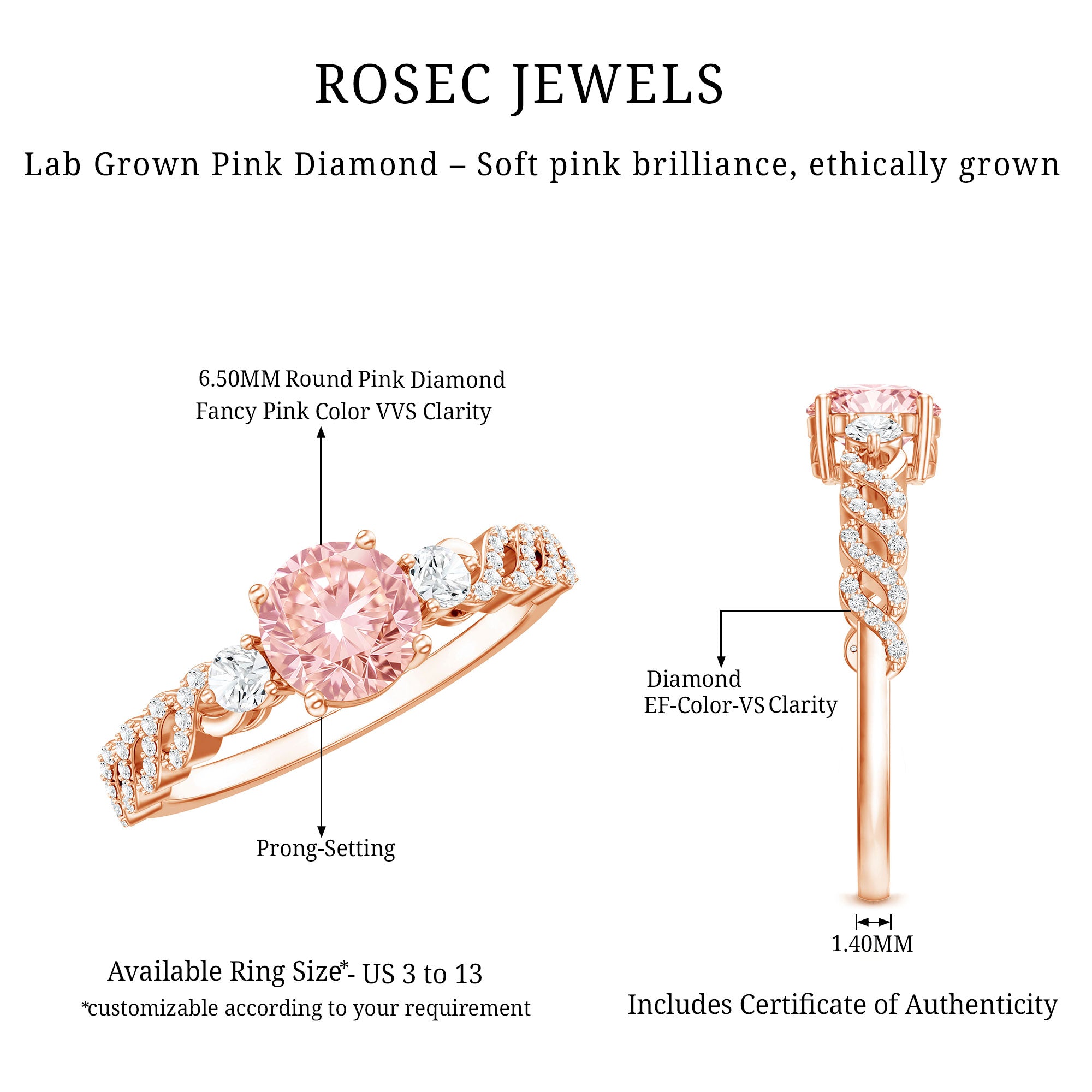 Lab Grown Fancy Pink Diamond Engagement Ring with IGI Certificate E-VS1 - Rosec Jewels