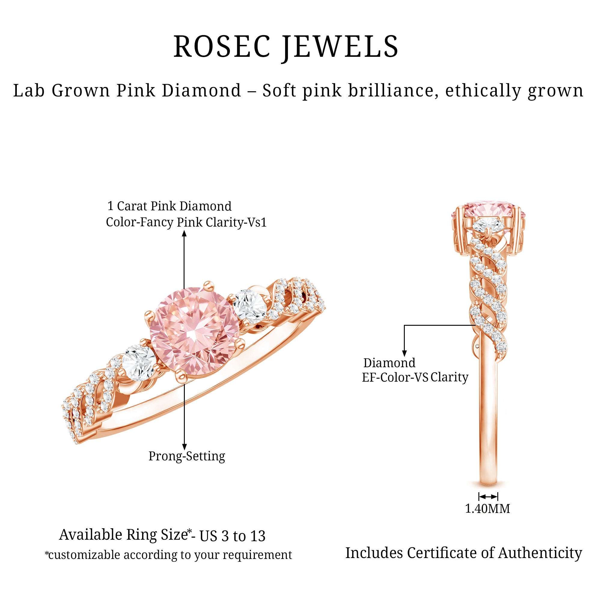 Lab Grown Fancy Pink Diamond Engagement Ring with IGI Certificate Fancy Pink - VS1 - Rosec Jewels