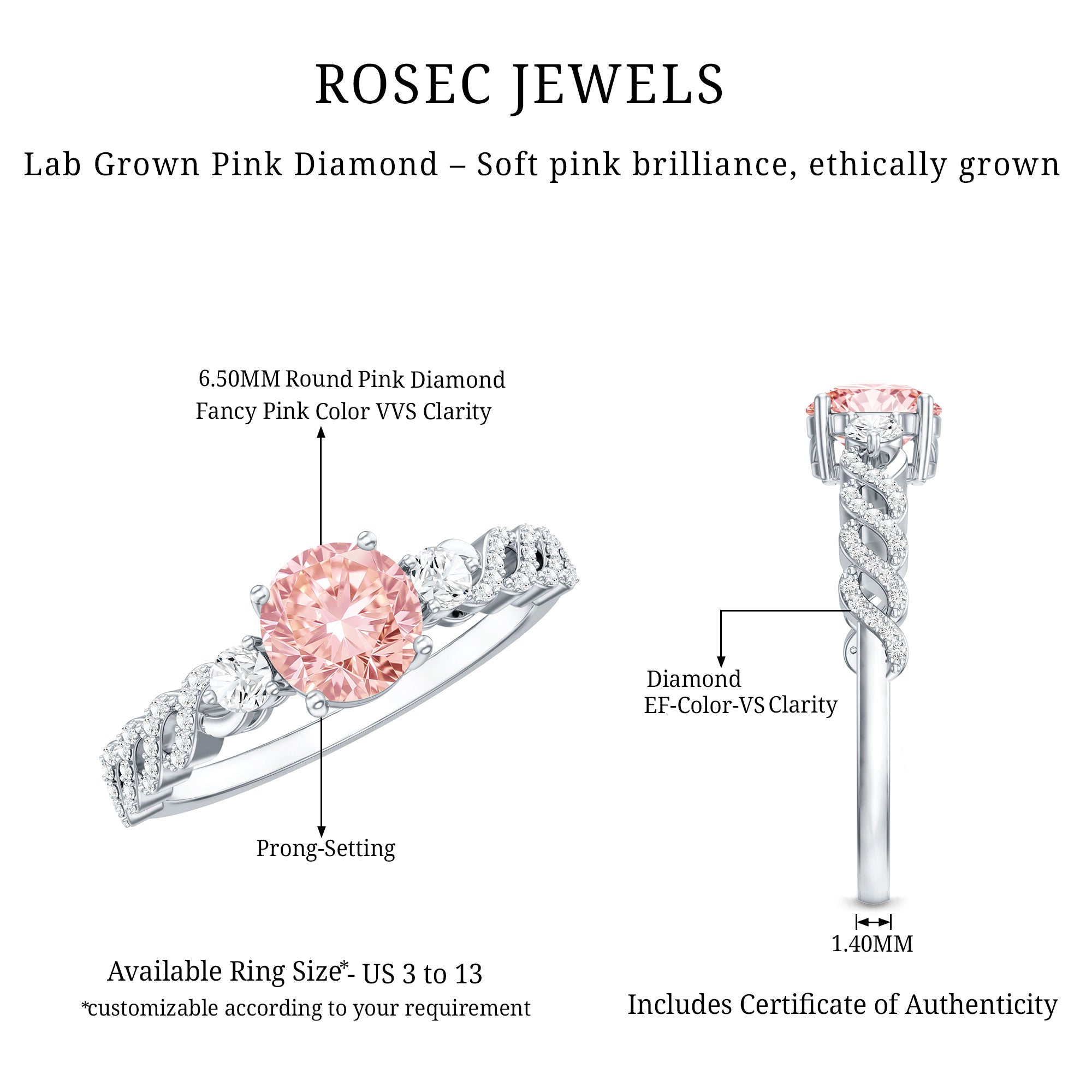 Lab Grown Fancy Pink Diamond Engagement Ring with IGI Certificate E-VS1 - Rosec Jewels