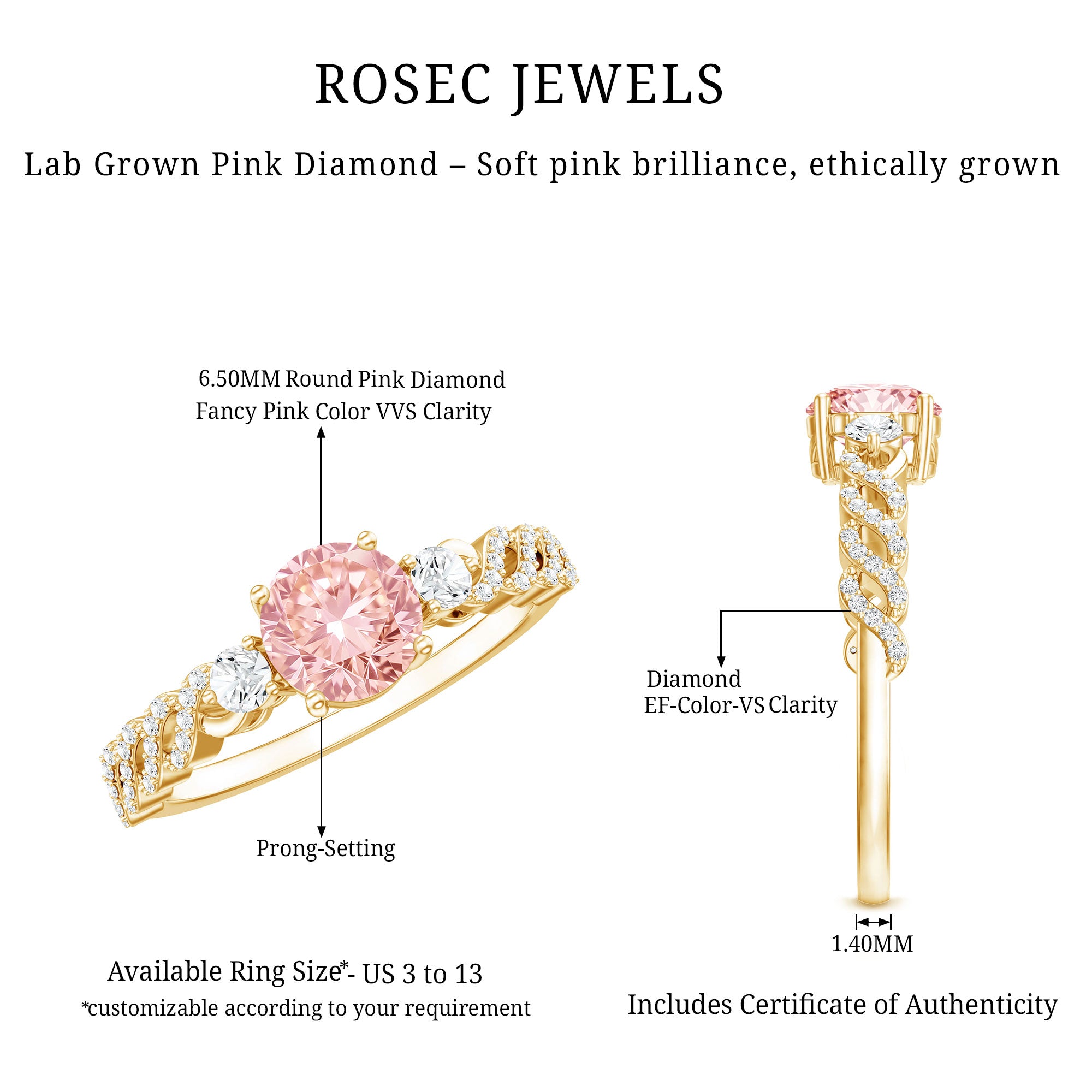 Rosec Jewels-Lab Grown Fancy Pink Diamond Engagement Ring with Certificate