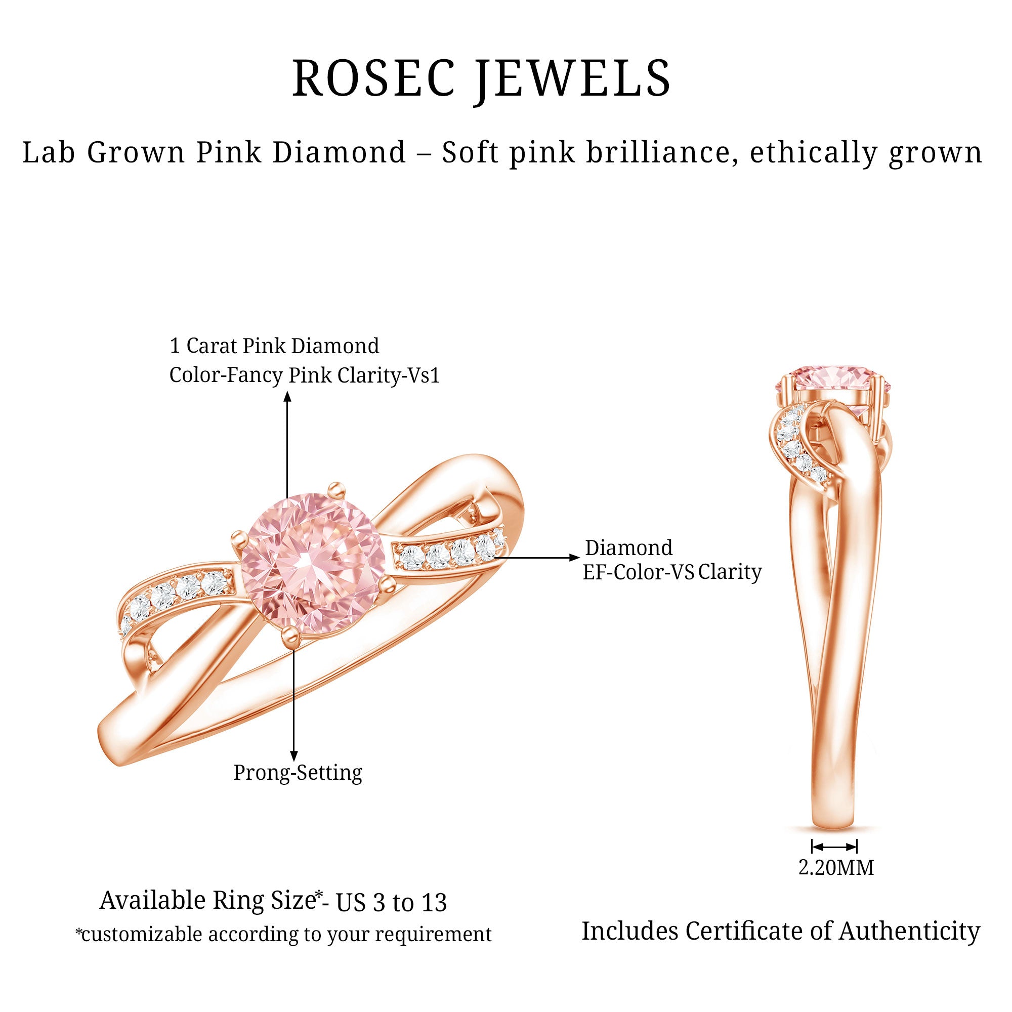 IGI Certified Lab Grown Pink Diamond Classic Engagement Ring Fancy Pink - VS1 - Rosec Jewels