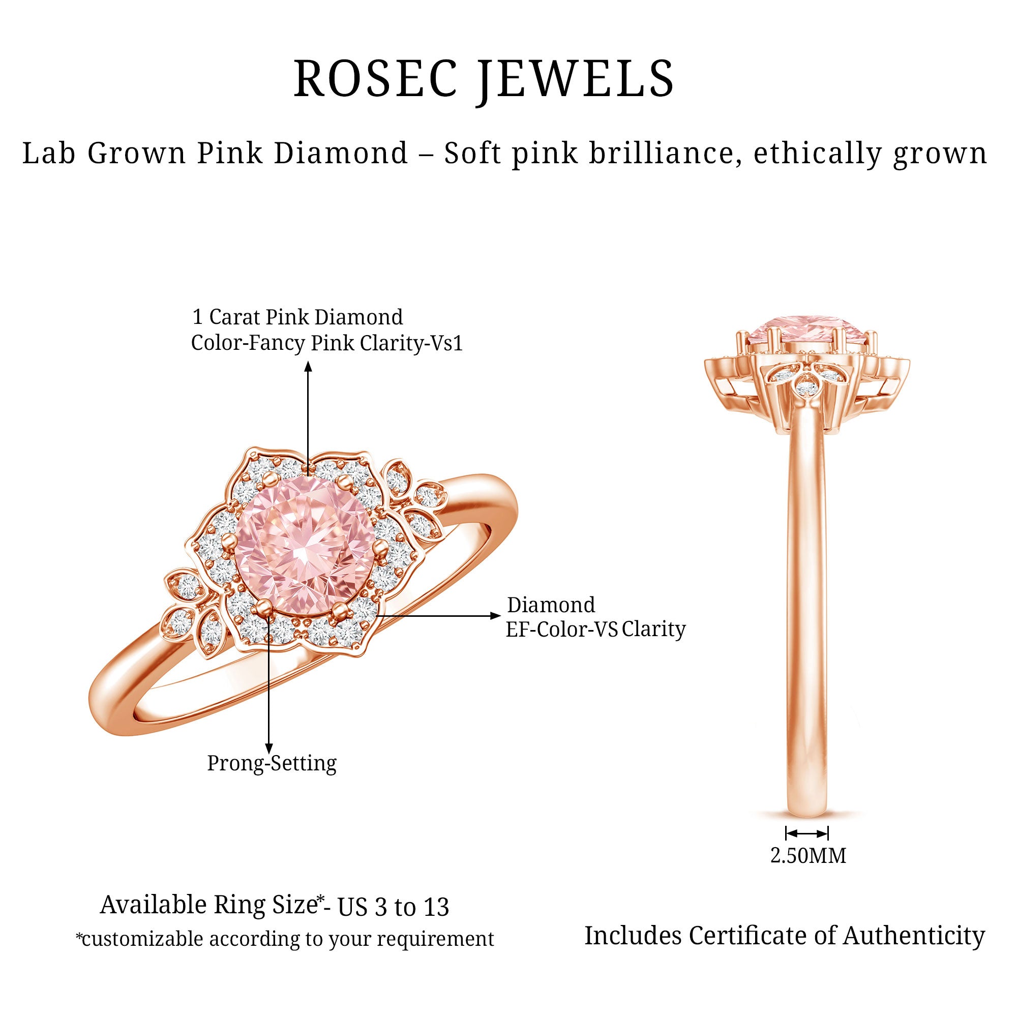 Pink and White Lab Grown Diamond Designer Engagement Ring with IGI Certificate Fancy Pink - VS1 - Rosec Jewels
