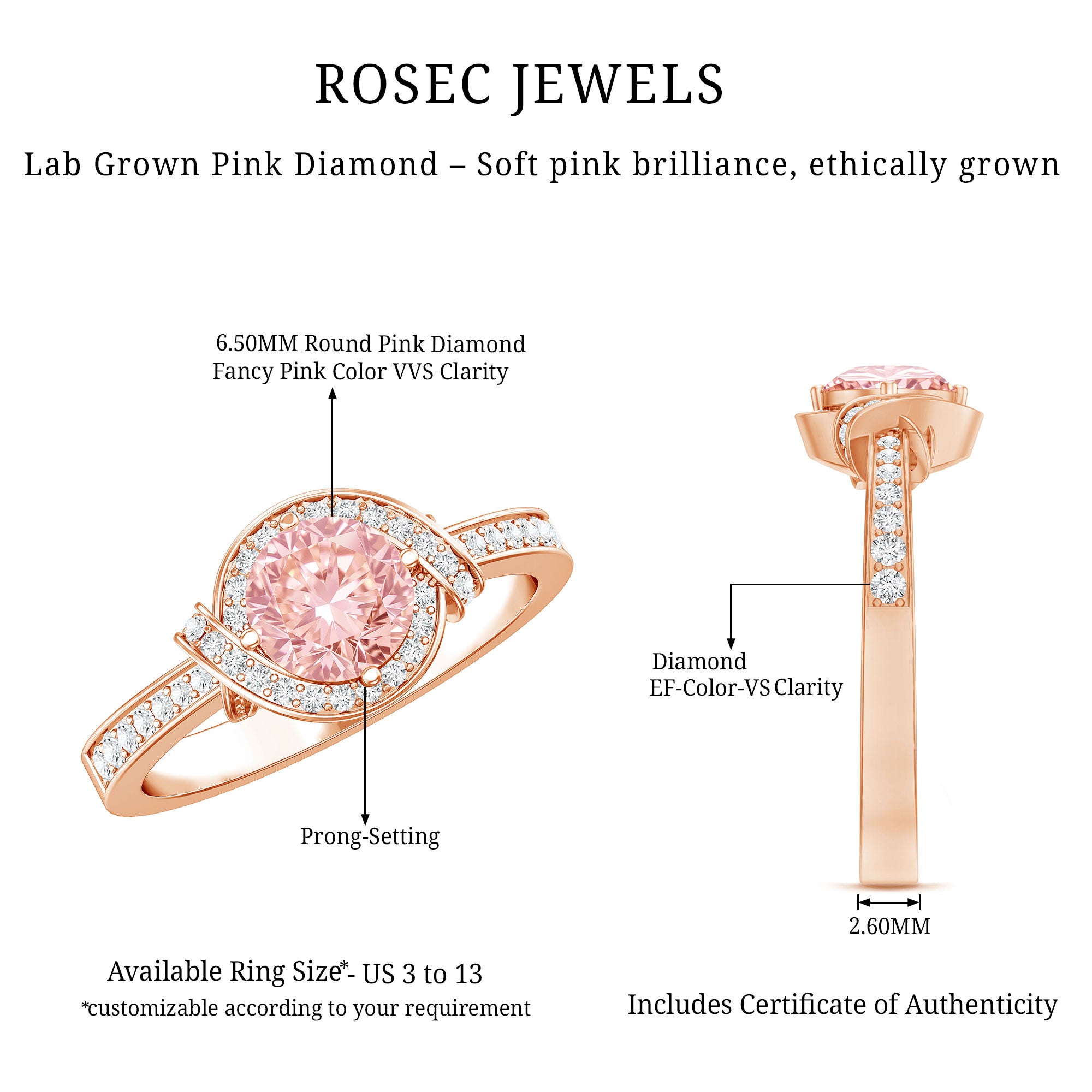 IGI Certified Lab Grown Pink Diamond Halo Engagement Ring for Women E-VS1 - Rosec Jewels