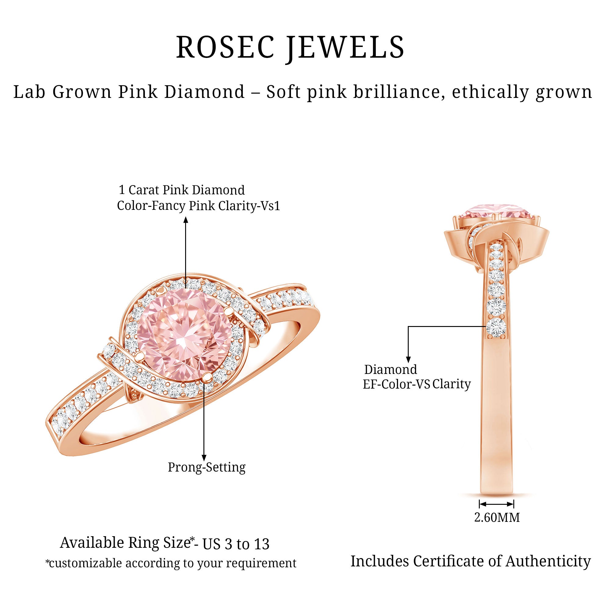 IGI Certified Lab Grown Pink Diamond Halo Engagement Ring for Women Fancy Pink - VS1 - Rosec Jewels