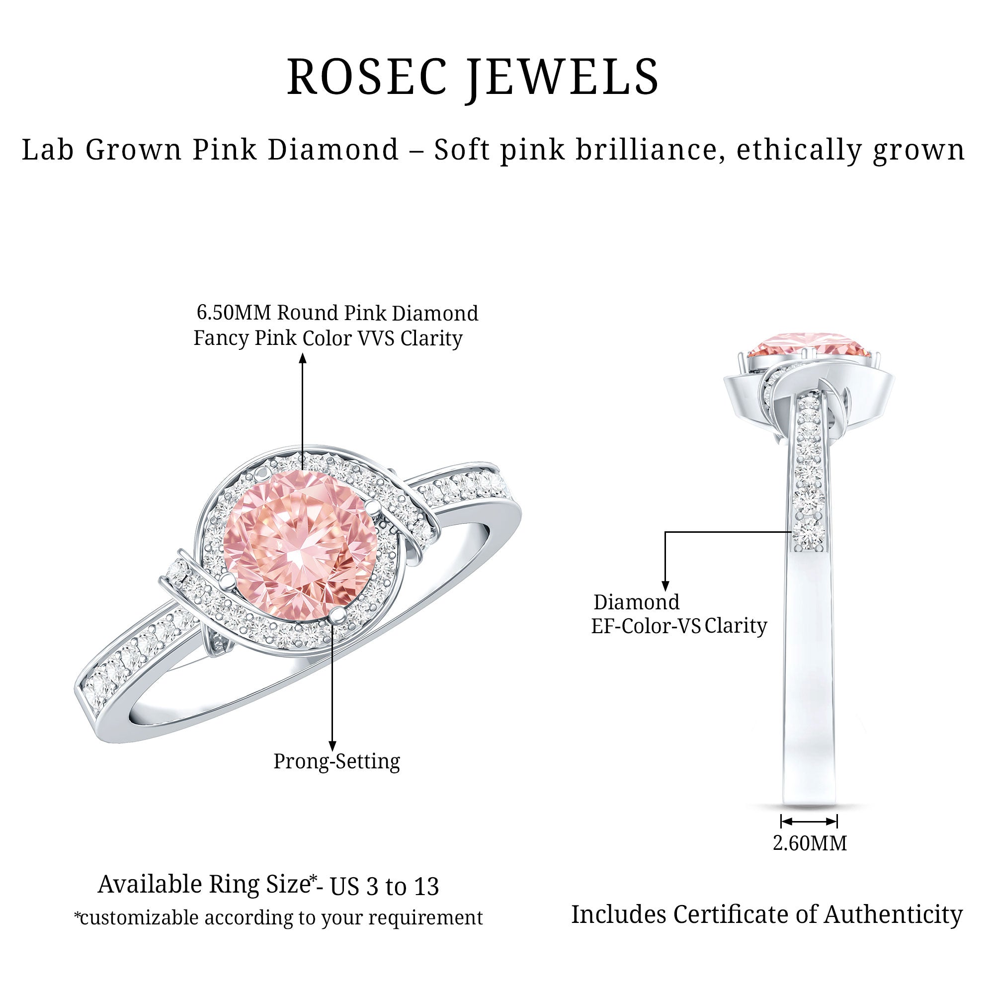 IGI Certified Lab Grown Pink Diamond Halo Engagement Ring for Women E-VS1 - Rosec Jewels