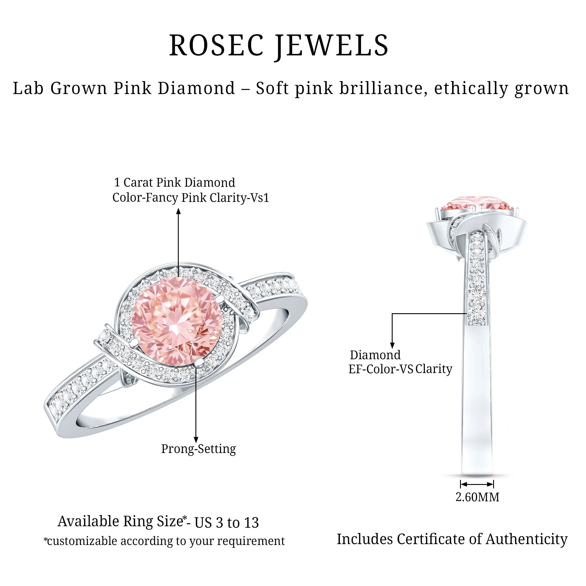 IGI Certified Lab Grown Pink Diamond Halo Engagement Ring for Women Fancy Pink - VS1 - Rosec Jewels